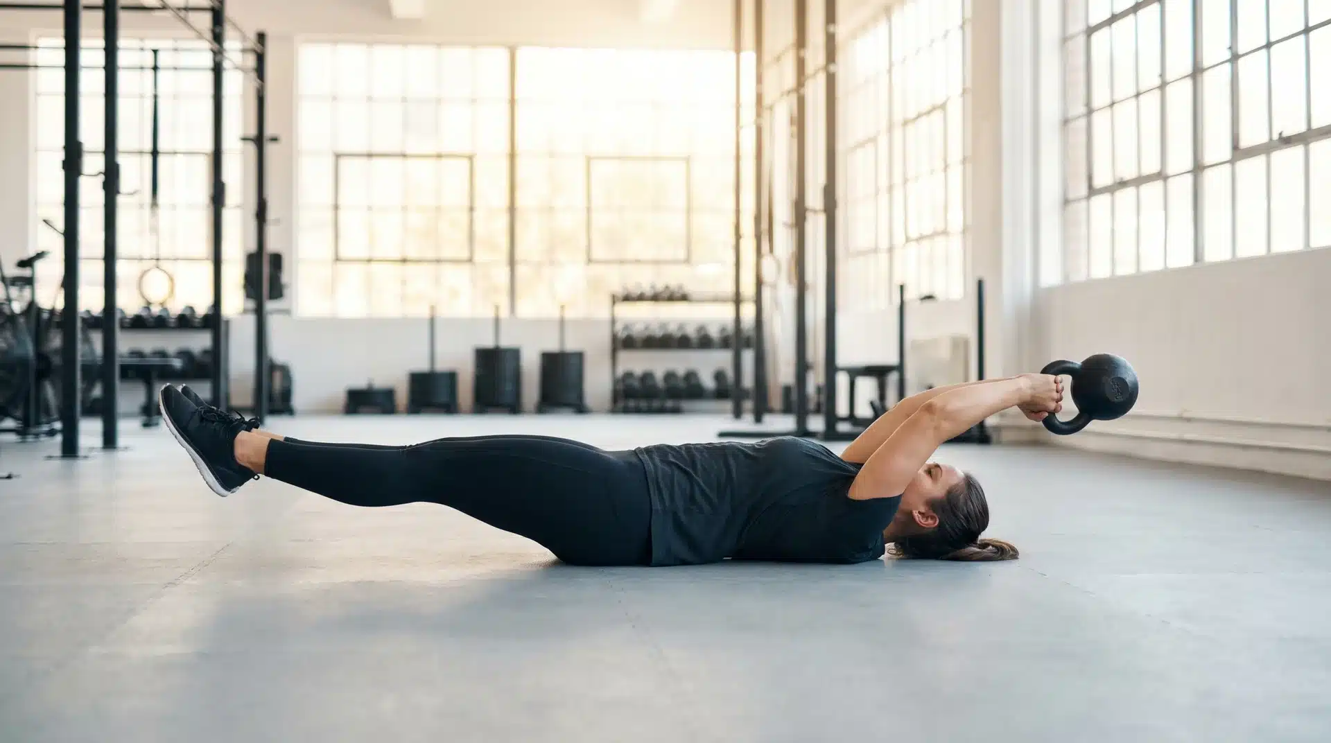 A woman lying on her back in a gym, holding a kettlebell above her chest with both hands for a core pass exercise.
