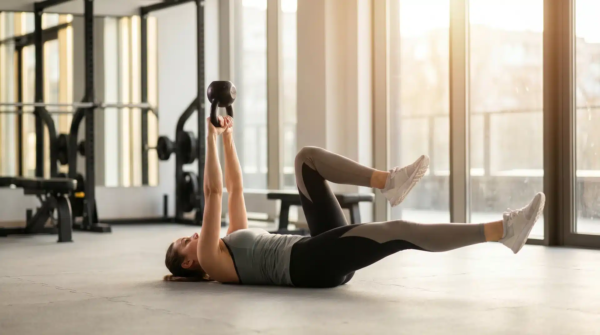 A woman lying on her back on a gym floor, holding a kettlebell up with both hands while doing a dead bug exercise.