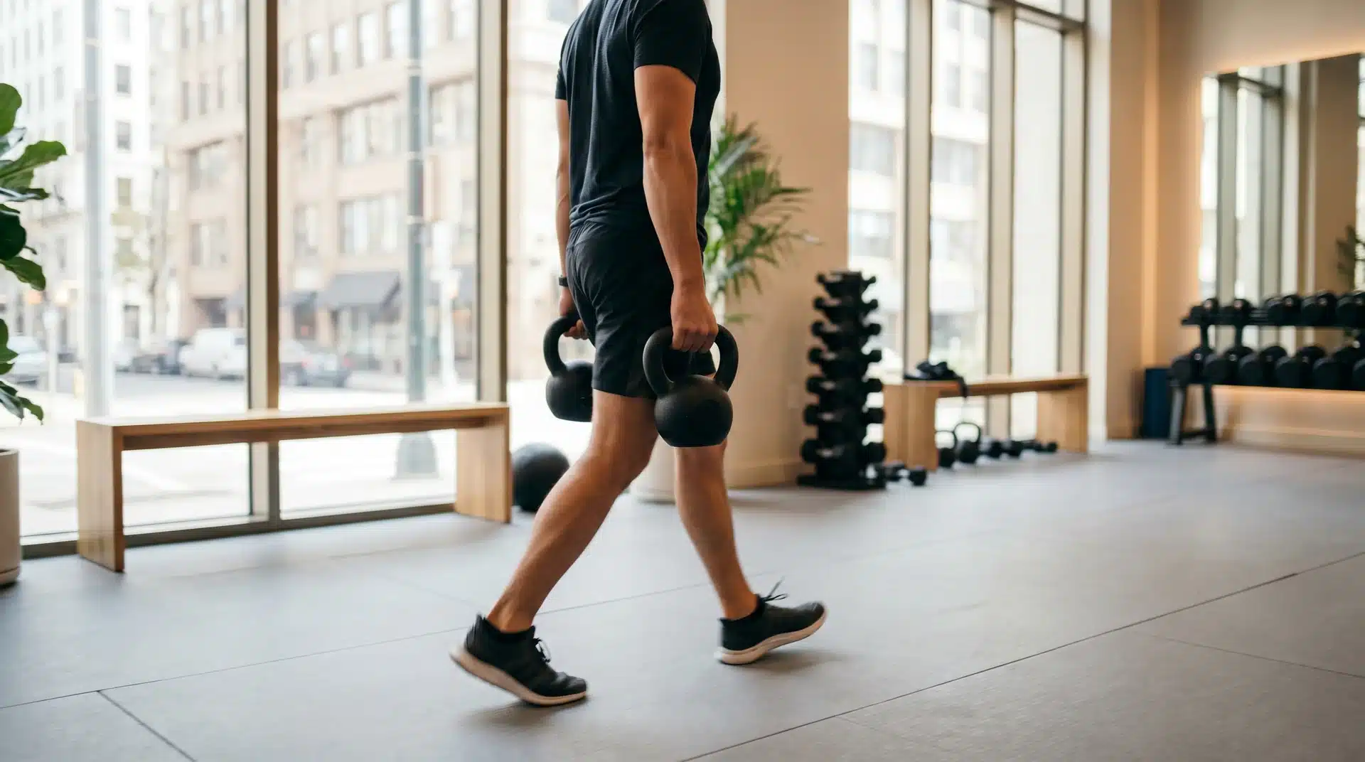 A man walking in a bright gym, holding a black kettlebell in each hand at his sides for a farmers carry exercise.