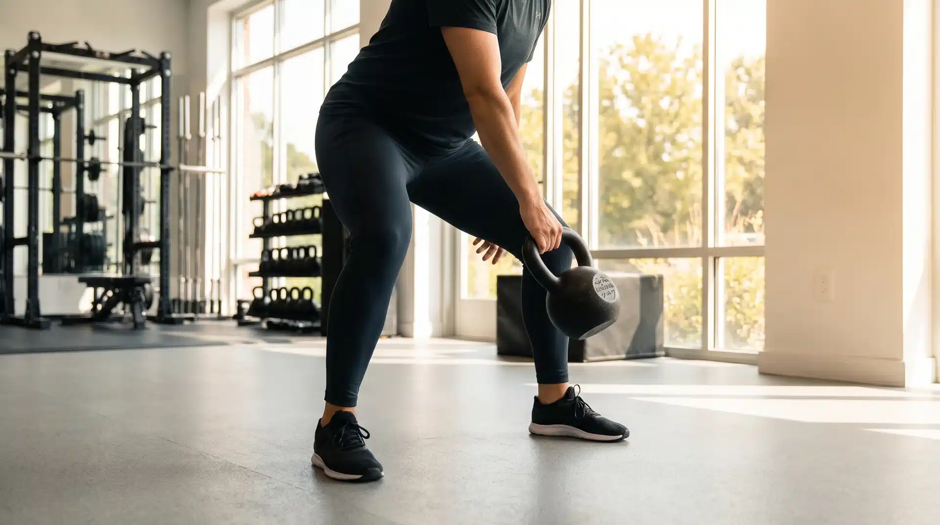 A person in a gym bending their knees and hips to pass a black kettlebell between their legs in a figure-eight motion.