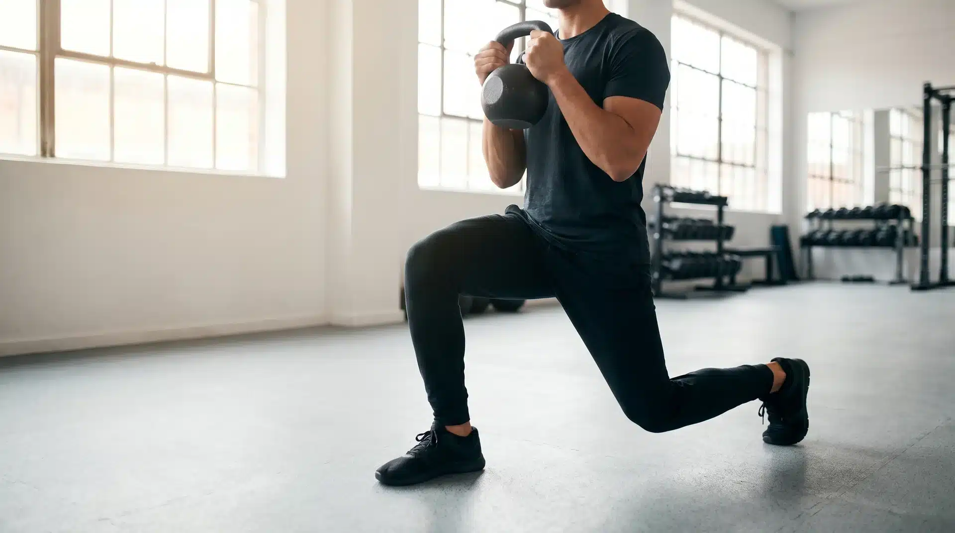 A man in a gym holding a black kettlebell at chest height while performing a reverse lunge.