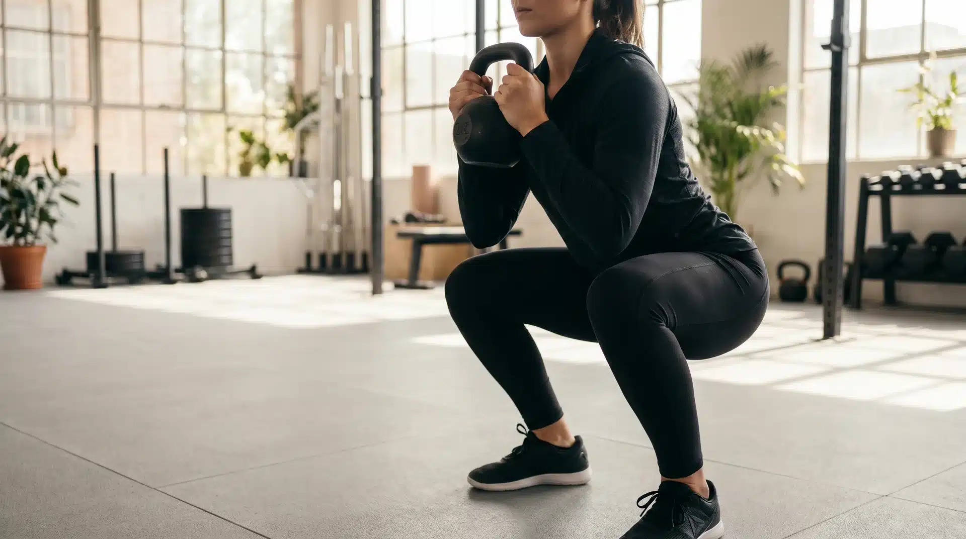  A woman in a gym squatting down while holding a black kettlebell at chest height for a goblet squat.