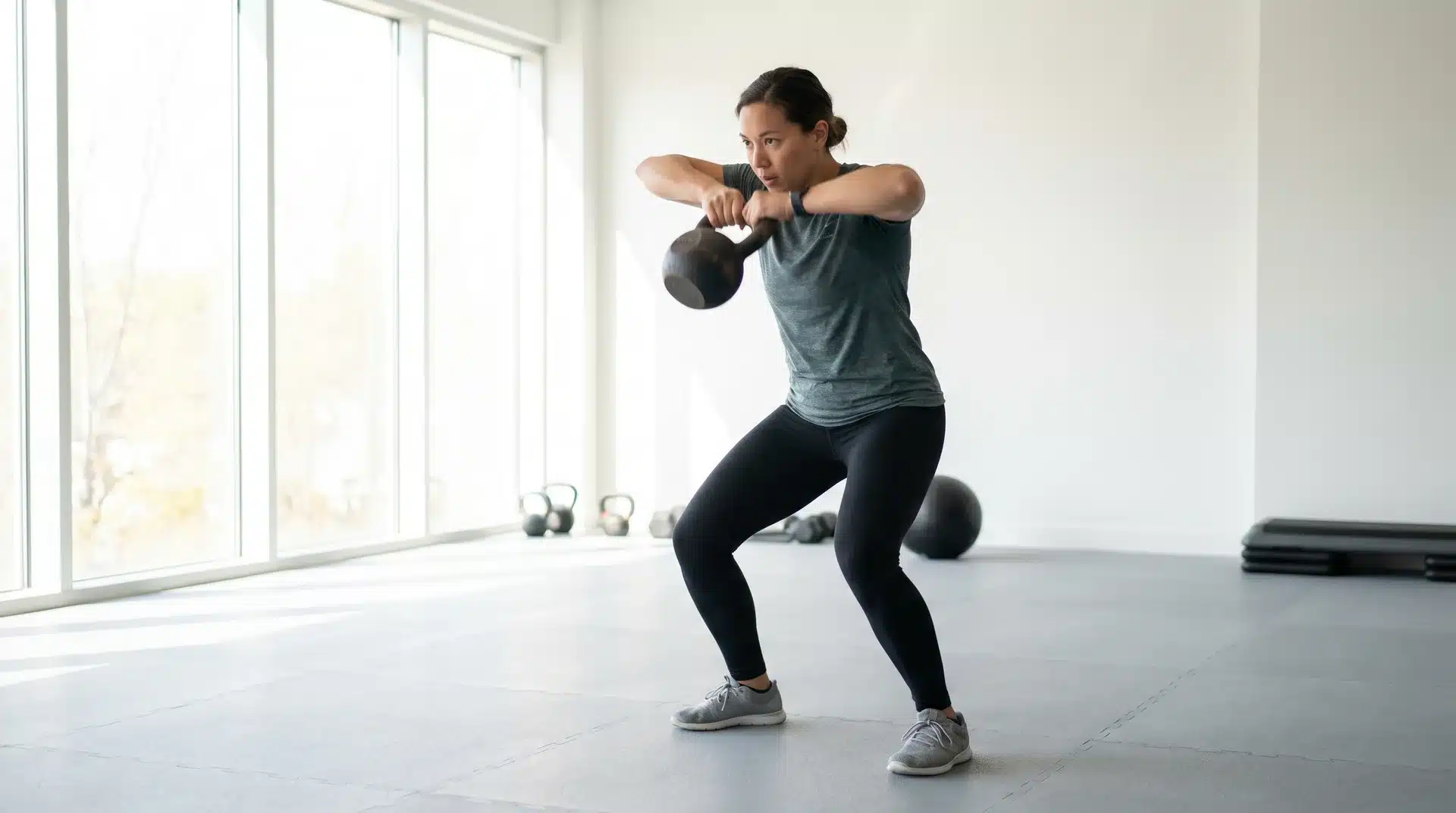 A woman in a gym squatting slightly while circling a black kettlebell around her neck for a kettlebell halo exercise.
