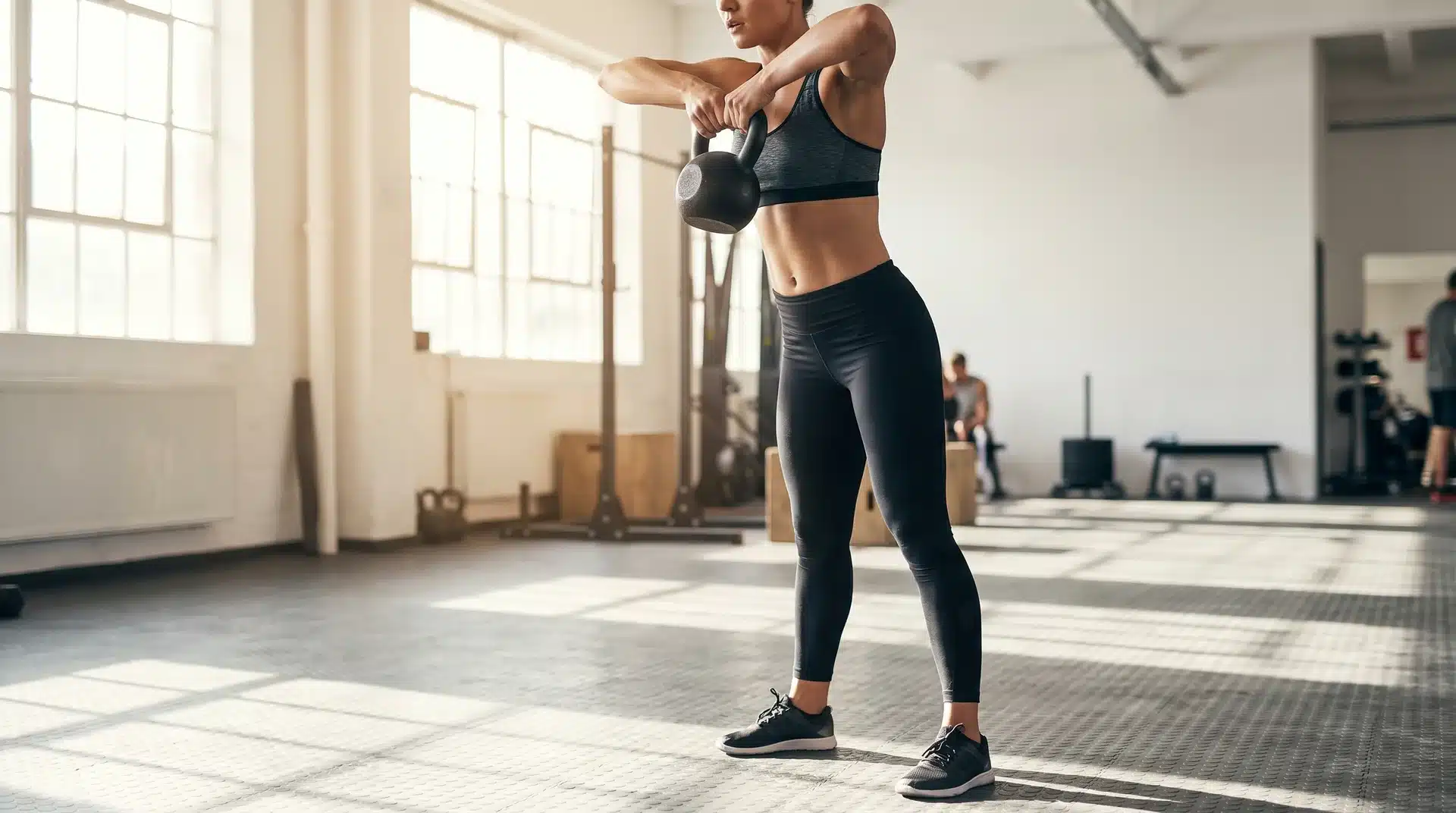 A woman in a gym standing with feet apart, pulling a black kettlebell up toward her chest for a high pull exercise.