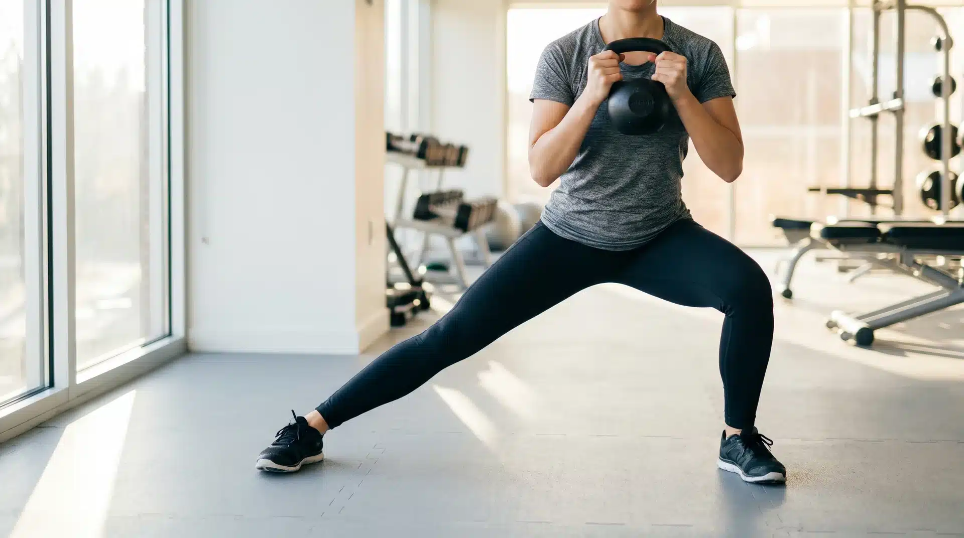 A woman in a gym holding a kettlebell with both hands while performing a wide lateral lunge to her right side.