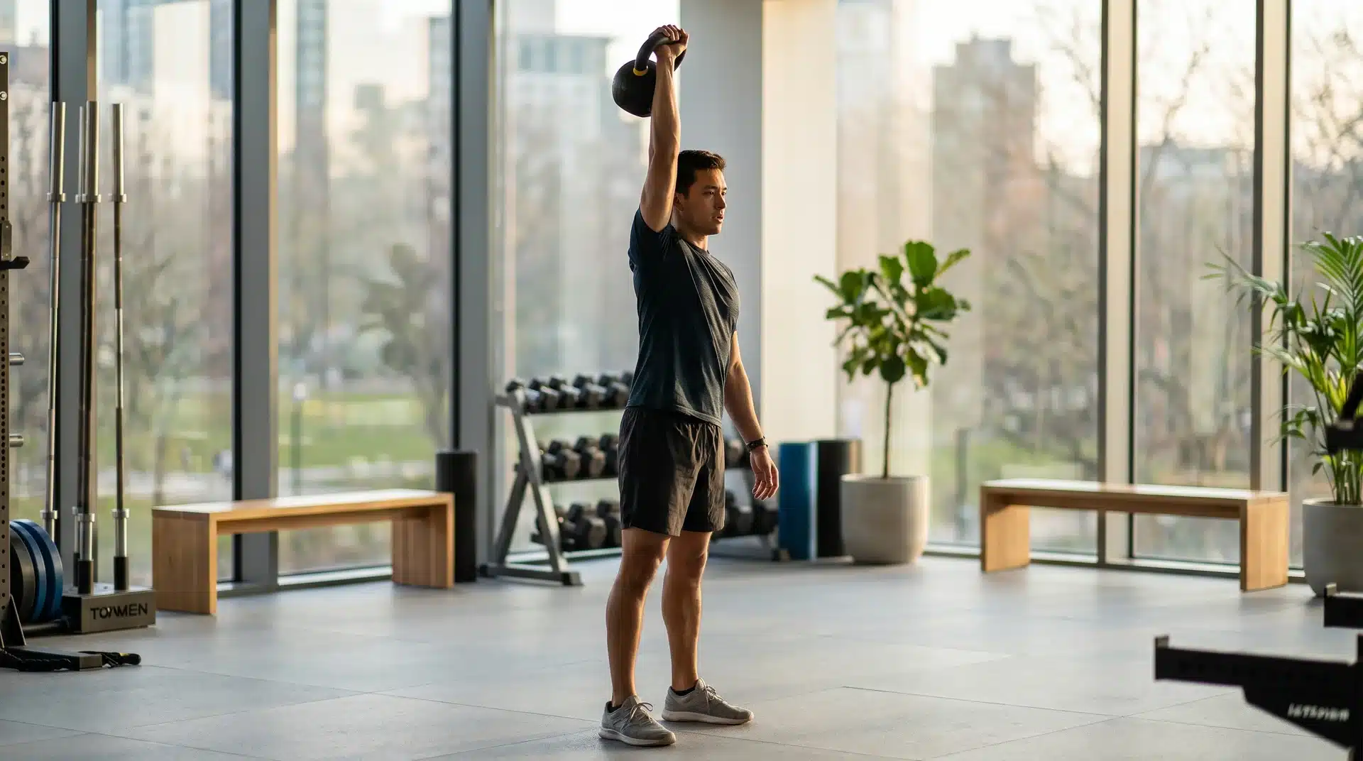 A man standing sideways in a bright gym, pressing a black kettlebell straight overhead with one arm for an overhead press.