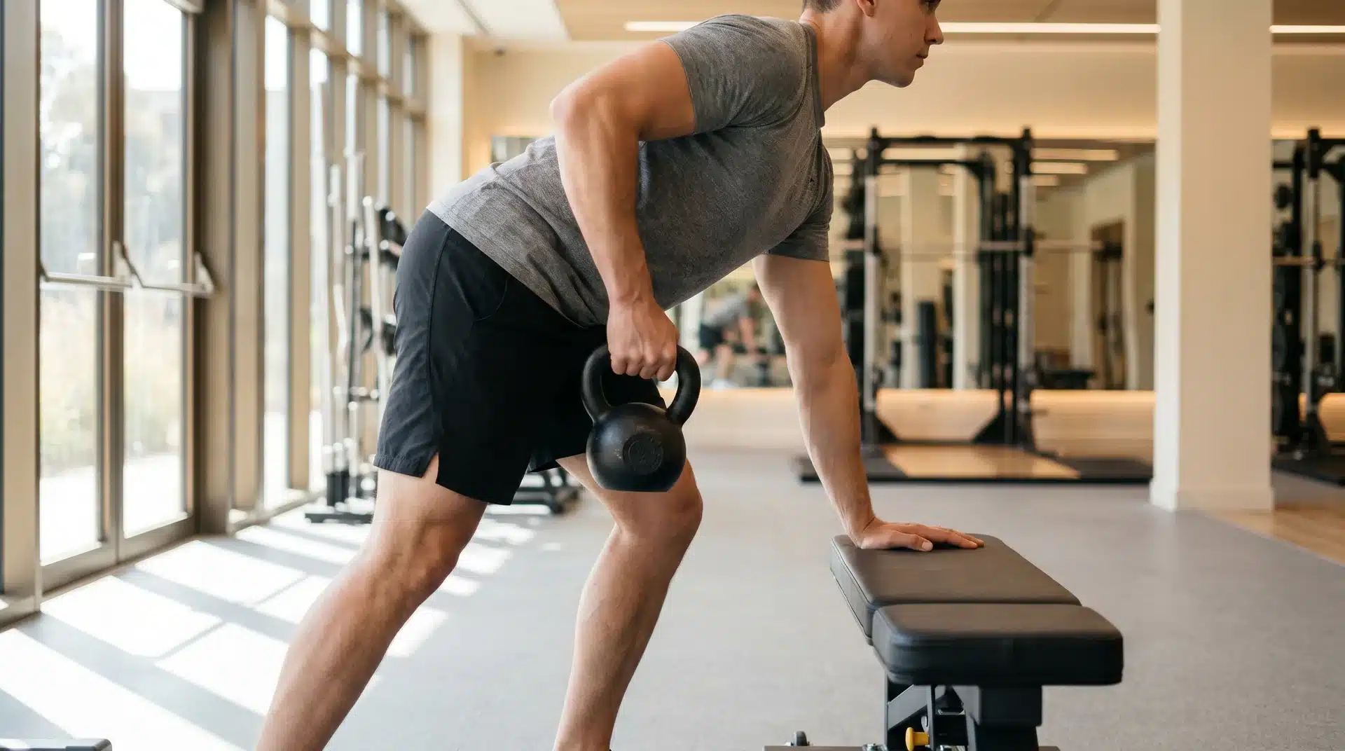 A man in a gym leaning forward with his left hand on a bench for support, pulling a black kettlebell up toward his hip with his right hand.