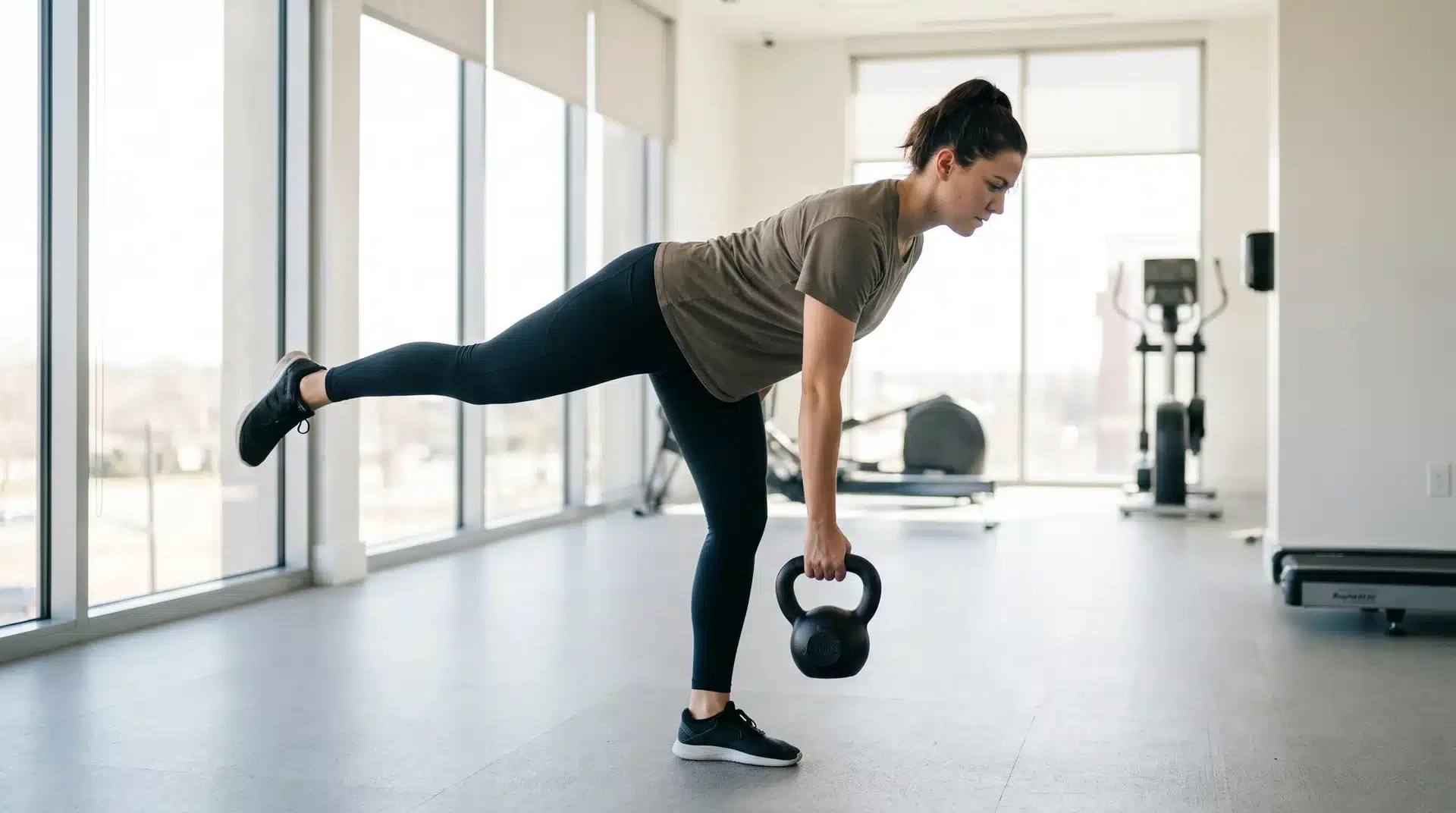 A woman in a gym balancing on her right leg while hinging forward at the hips, holding a black kettlebell in her right hand for a single-leg Romanian deadlift.