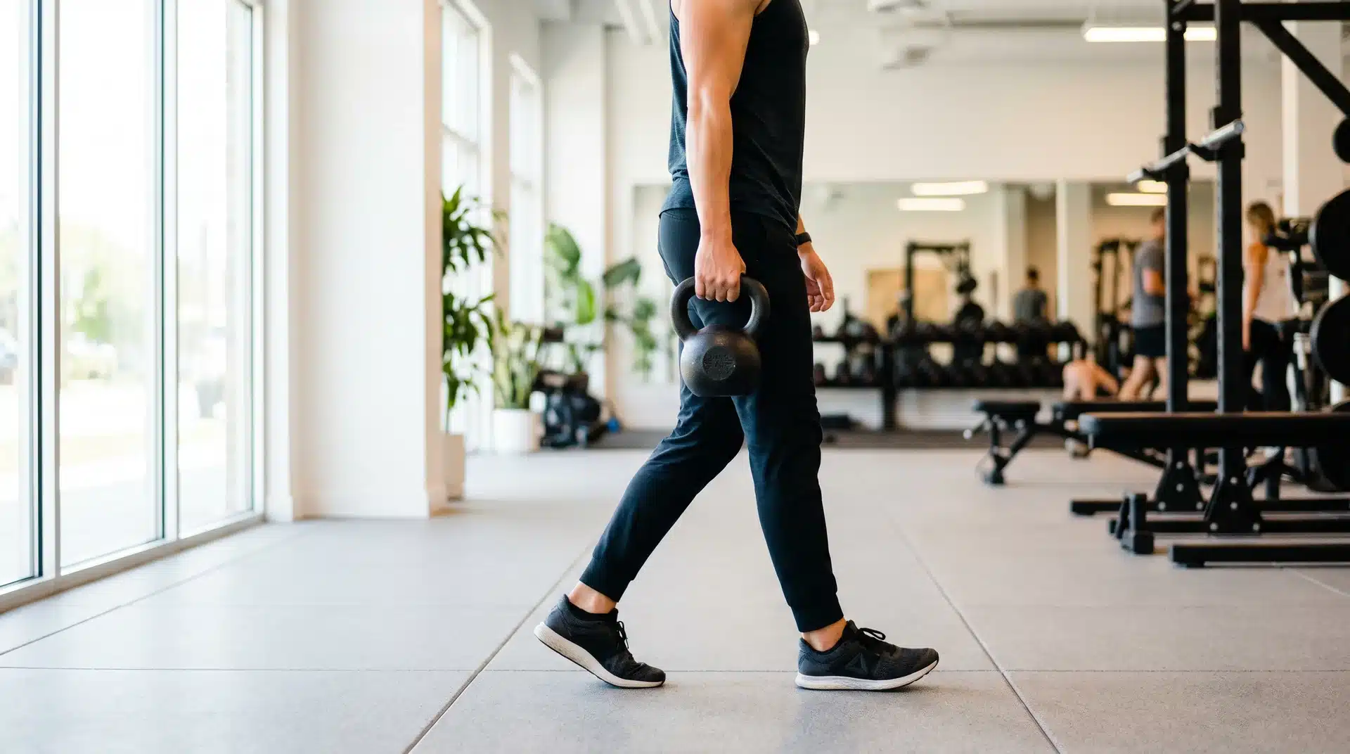 A man walking in a bright gym, holding a black kettlebell in his left hand at his side for a suitcase carry exercise.