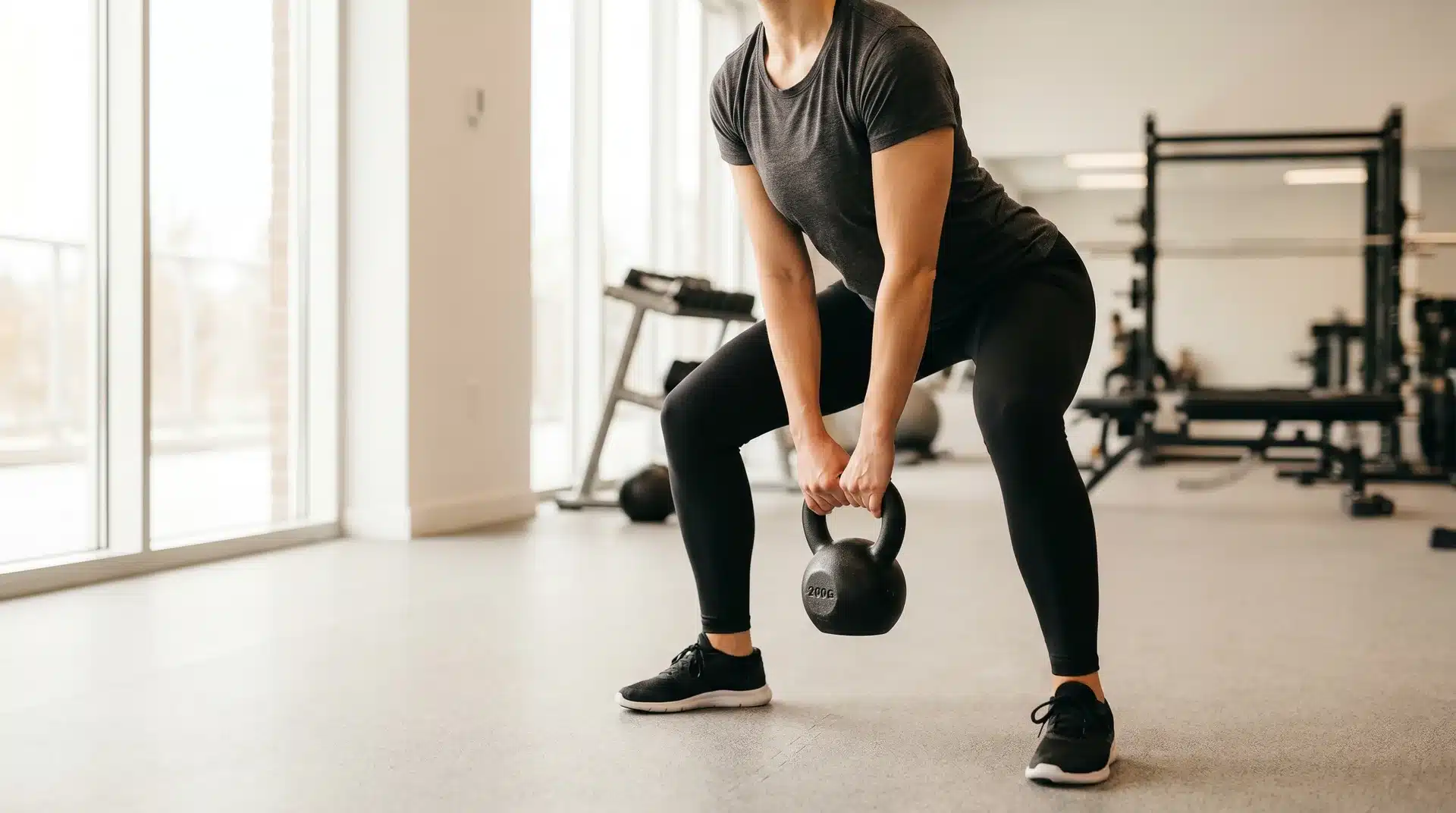 A woman in a gym standing in a wide sumo stance, bending at the hips with a straight back to lift a black kettlebell off the floor.