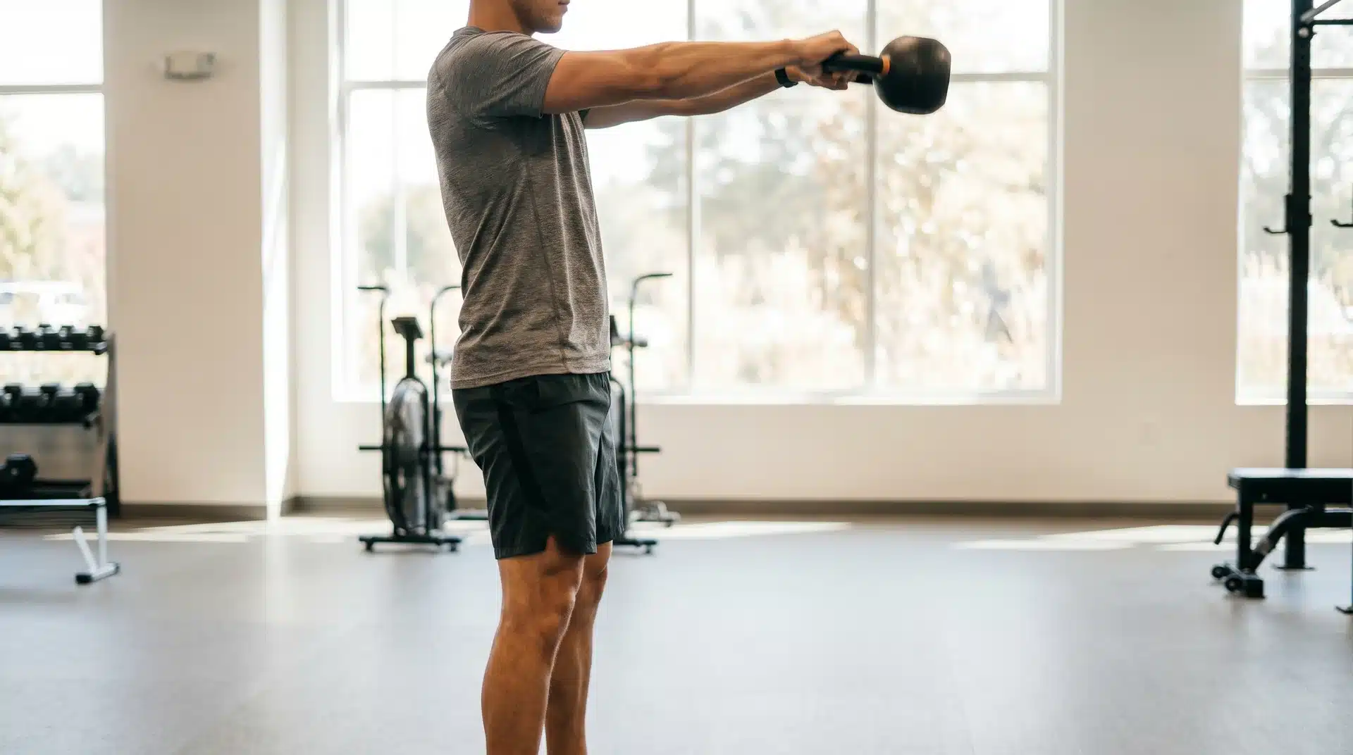 A man standing sideways in a bright gym, holding a black kettlebell at shoulder height with both arms extended forward for a kettlebell swing.