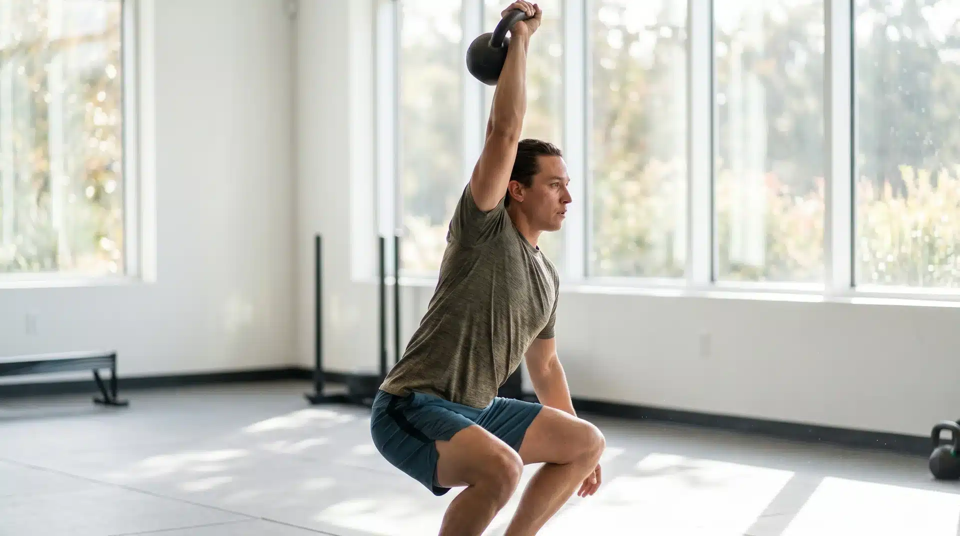 A man squatting in a bright gym while holding a black kettlebell straight overhead with one arm for a thruster.