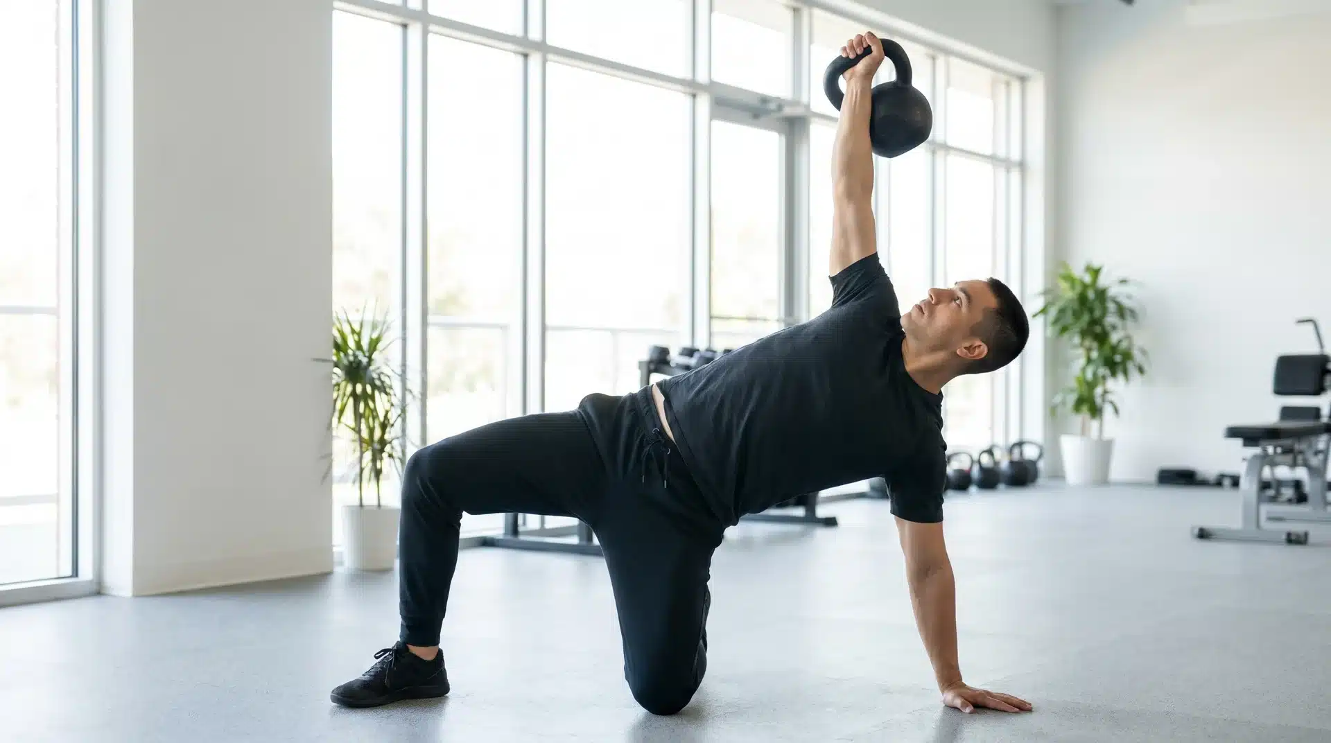 A man in a gym holding a black kettlebell overhead while performing a Turkish get-up exercise.