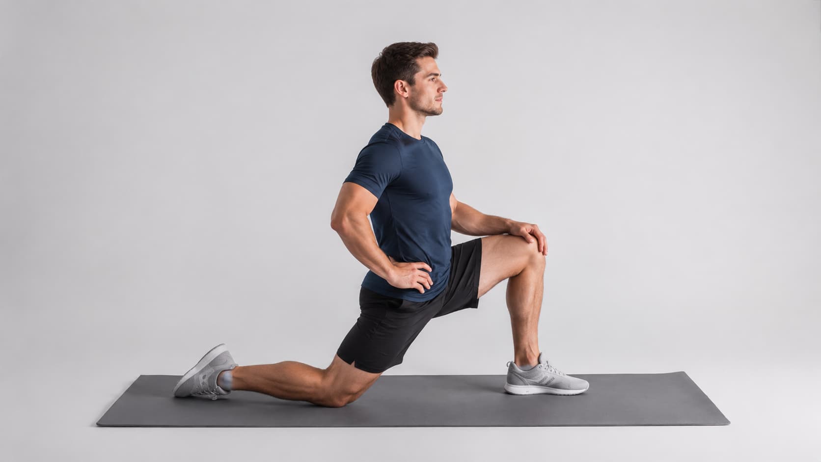 Man on a fitness mat performing a kneeling lunge to begin a kneeling-to-floor transition quad stretch.
