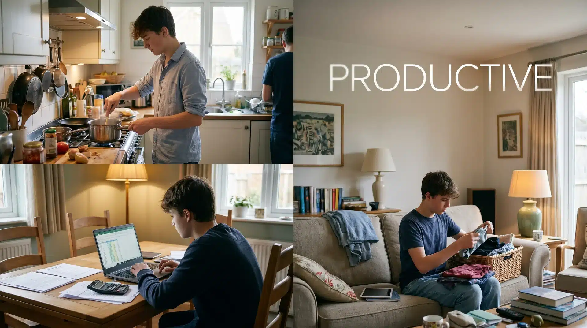 A collage of a teenage boy learning life skills: cooking in a kitchen, using a laptop at a desk, and organizing laundry.