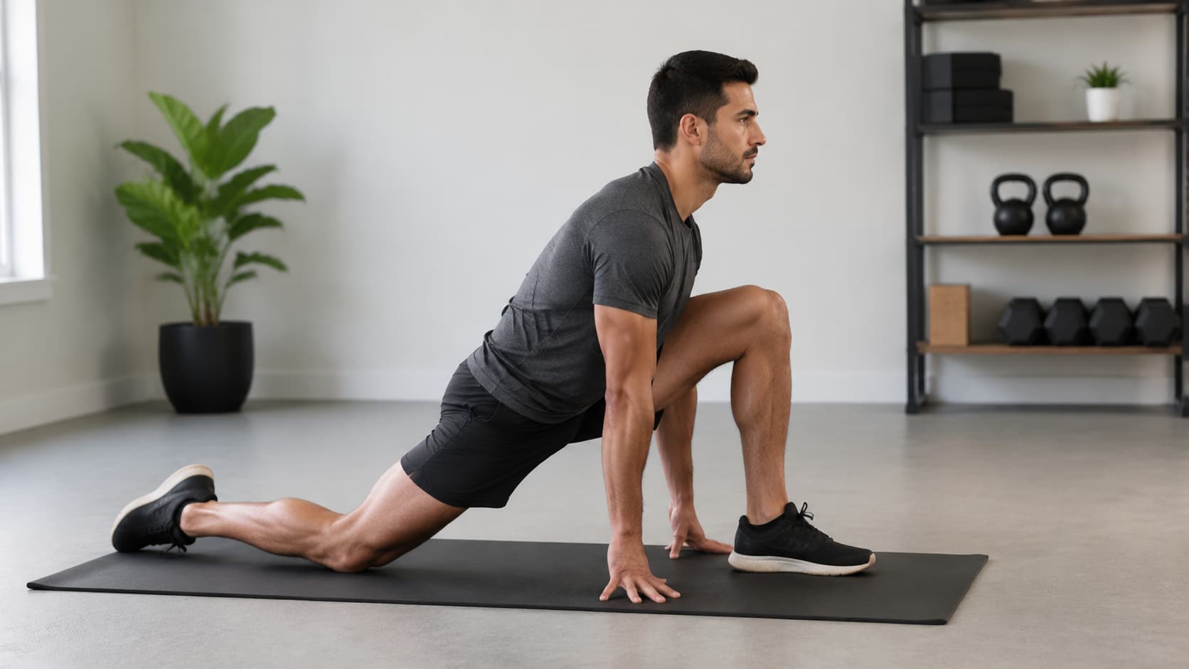 Man on a mat performing a low lunge kneeling quad stretch with both hands placed on the floor for support.