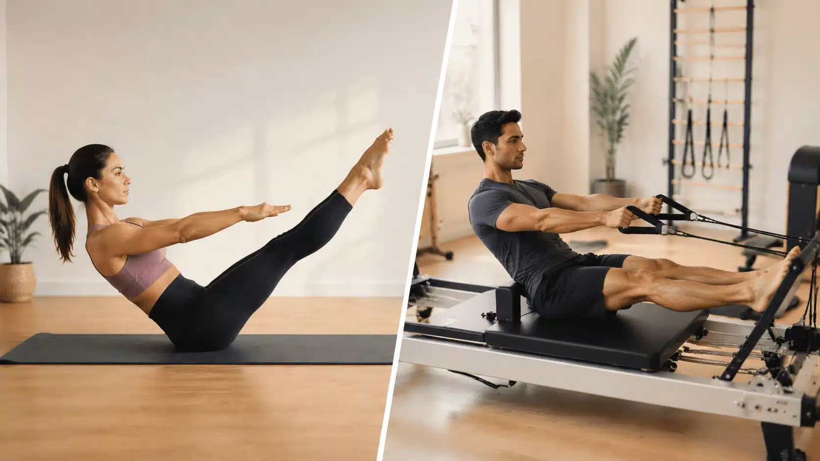 Woman and man demonstrating modified Pilates exercises on a mat and reformer machine in a fitness studio.