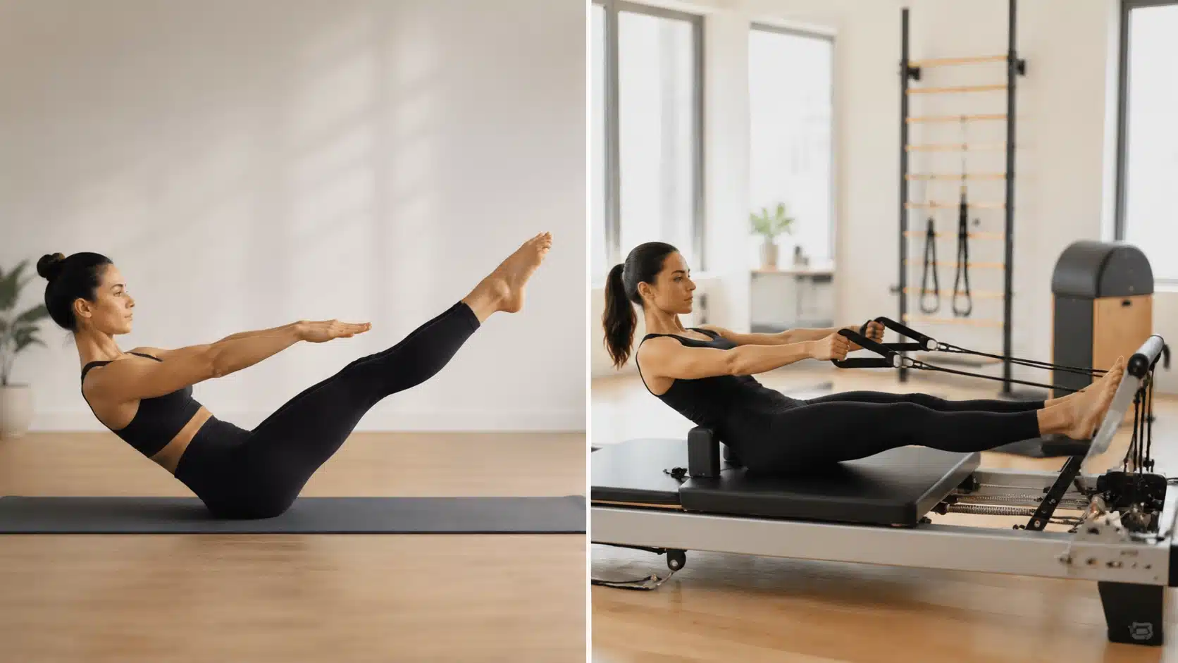 Mat Pilates vs reformer Pilates comparison showing a woman exercising on a mat and reformer machine in a studio.