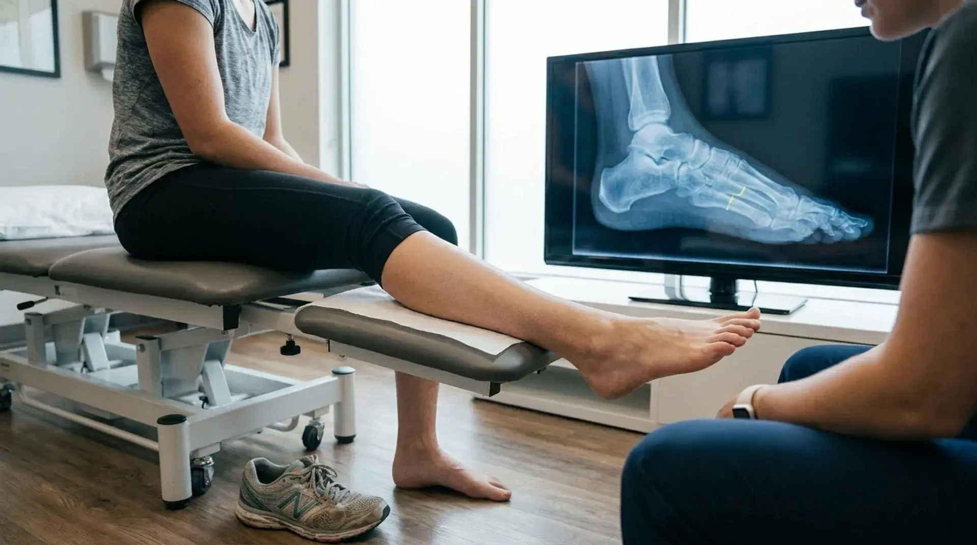Metatarsal stress fracture shown with foot anatomy and highlighted injured bone area for medical awareness.