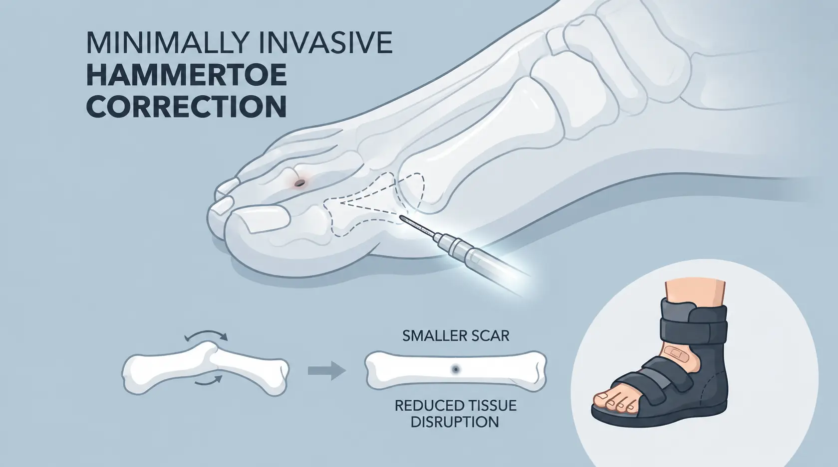 Medical illustration of minimally invasive hammertoe correction showing foot anatomy, surgical probe, and post-op boot.