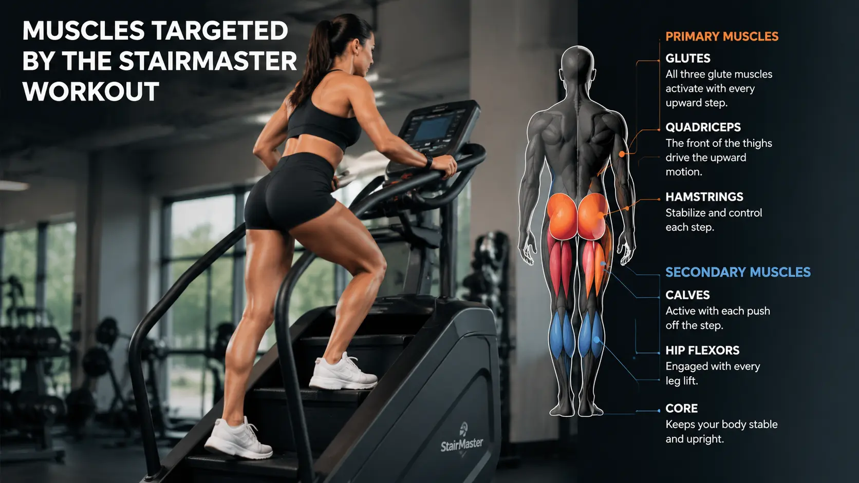 Woman using a StairMaster with highlighted muscles targeted during the workout.