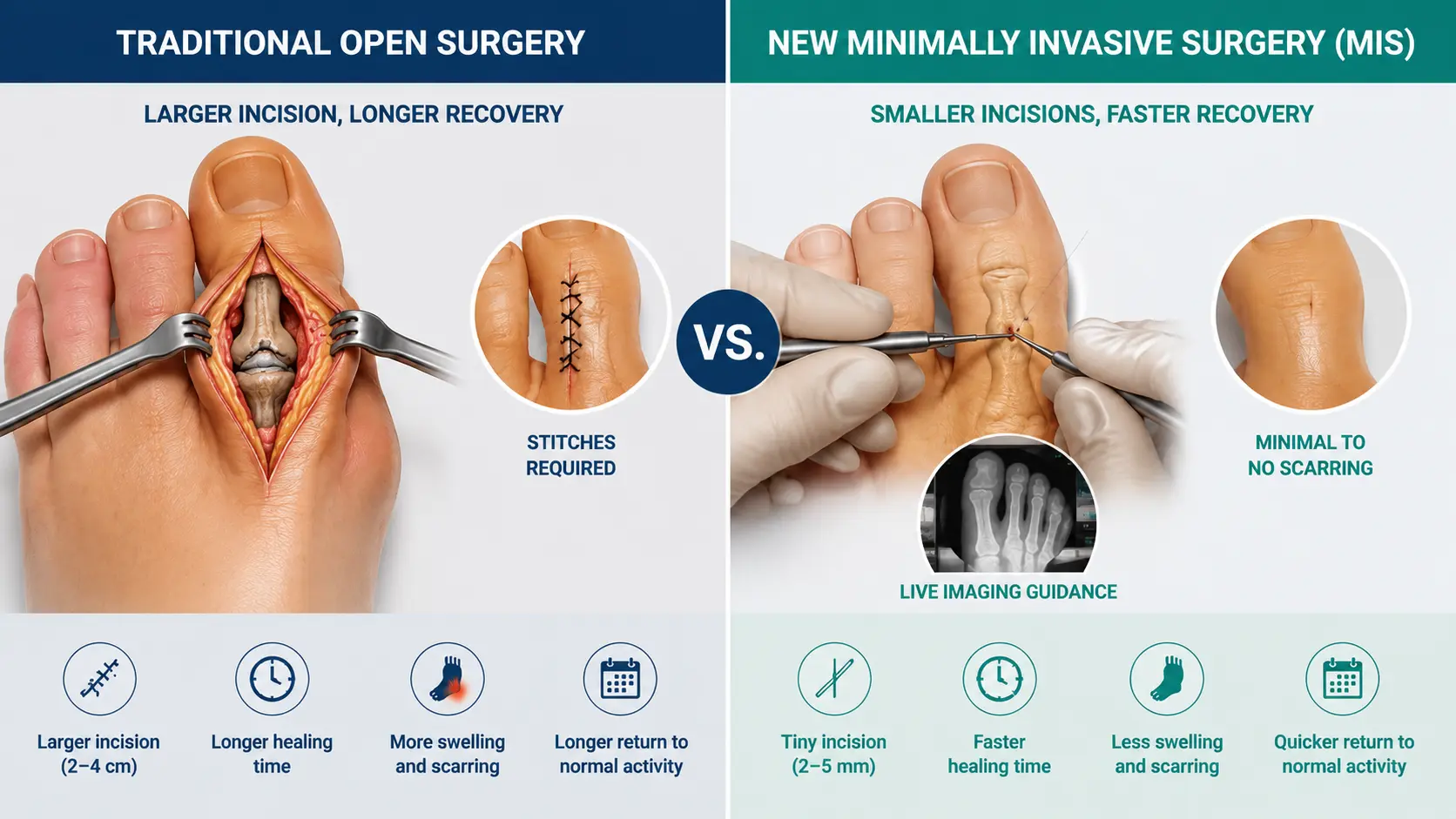 Side-by-side comparison of traditional open hammertoe surgery with larger incision vs minimally invasive surgery with tiny cuts.
