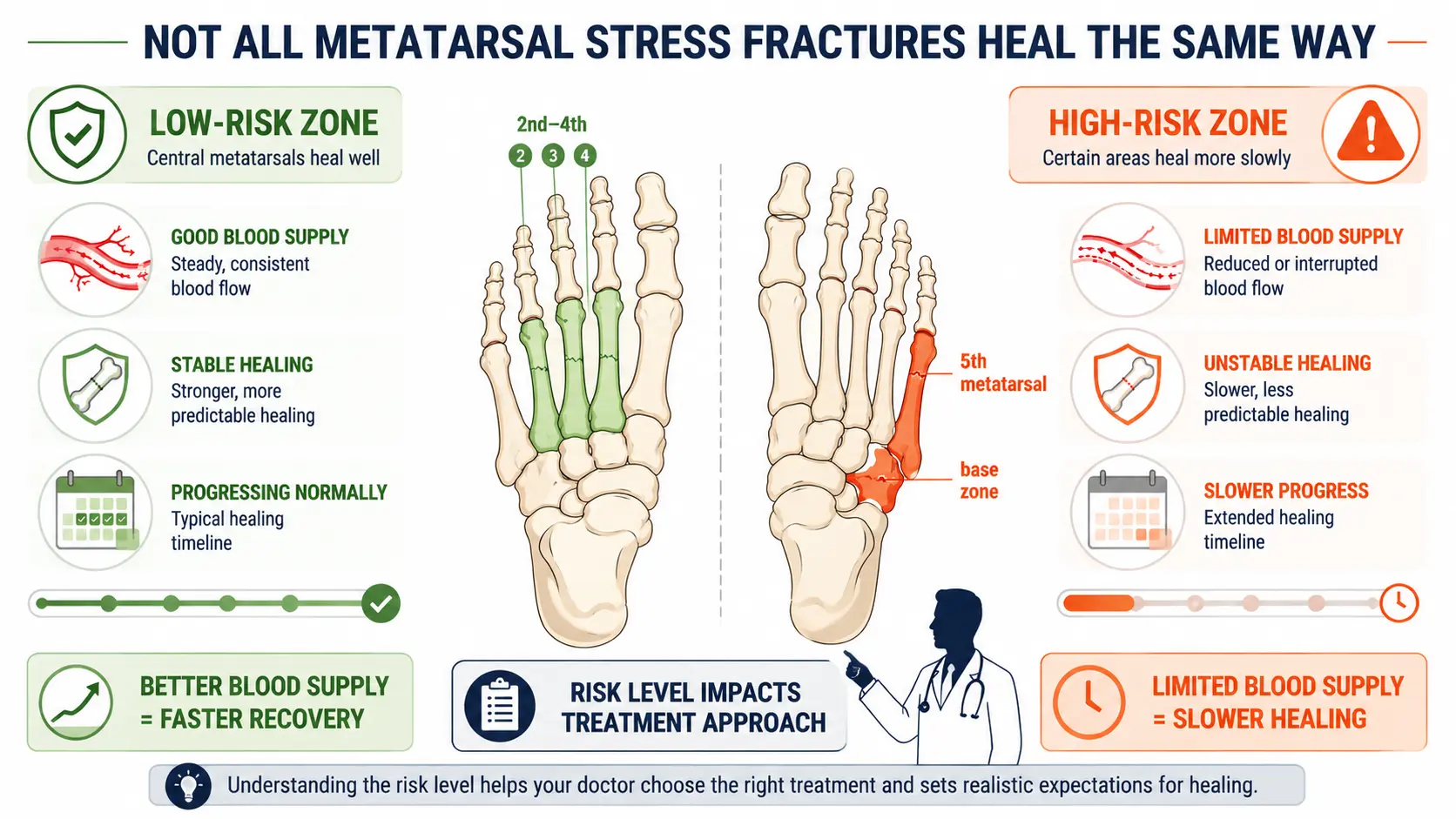 Metatarsal stress fracture risk zones showing low vs high risk healing differences in foot bones infographic