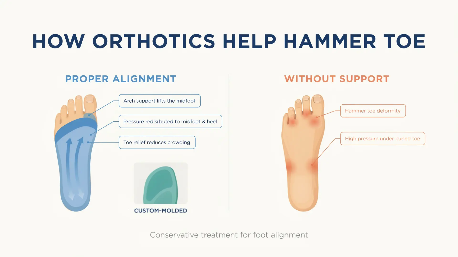Hammer toe orthotics illustration showing arch support and pressure redistribution across the foot.