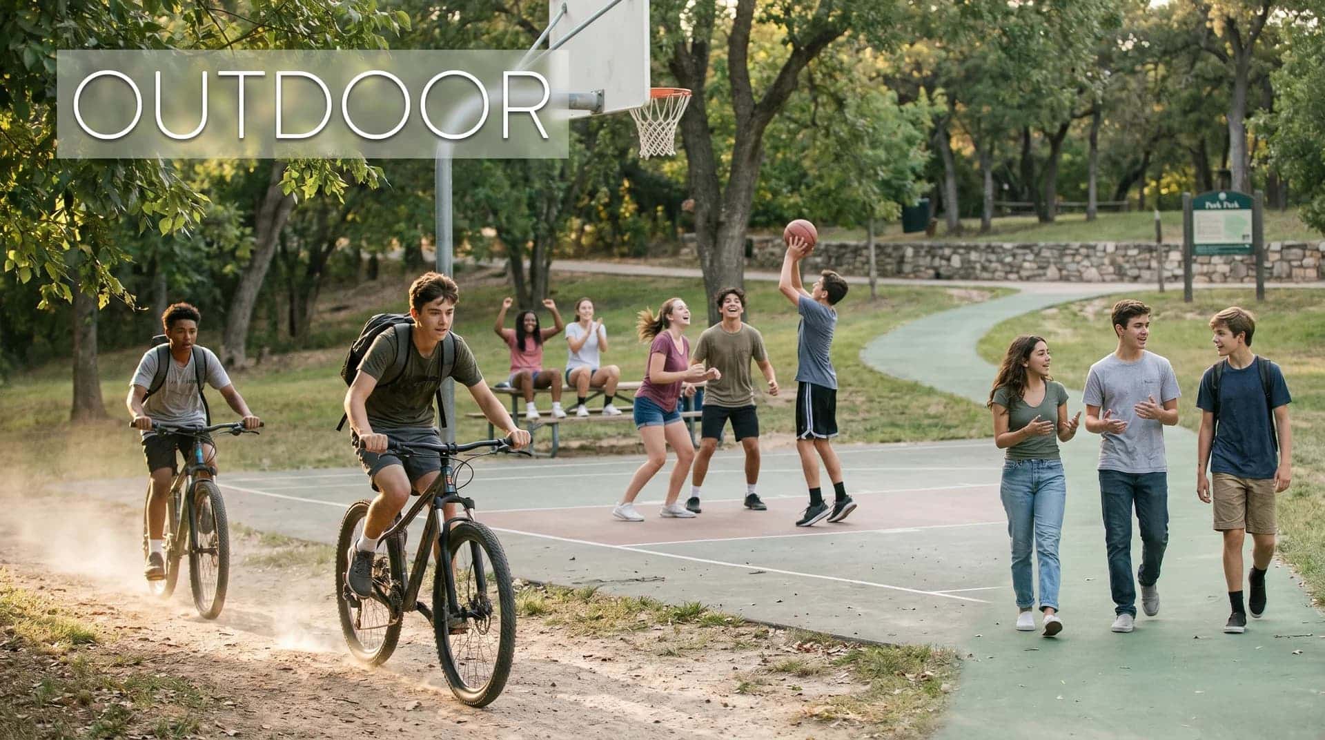 Teenagers riding bicycles and playing basketball on an outdoor park court surrounded by green trees.