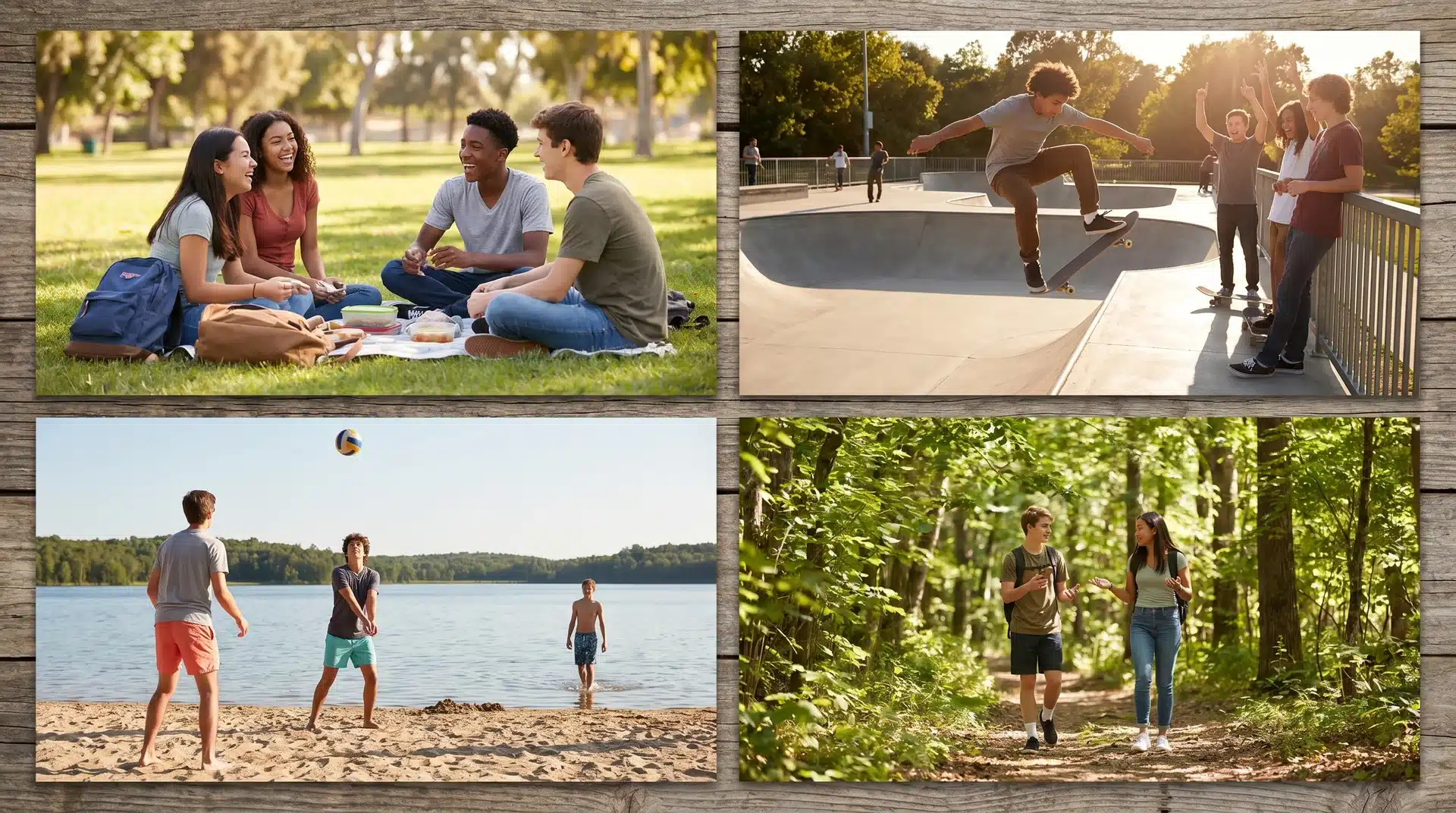 Four-panel collage of teens outdoors: having a picnic in a park, skateboarding, walking on a beach, and hiking on a trail.