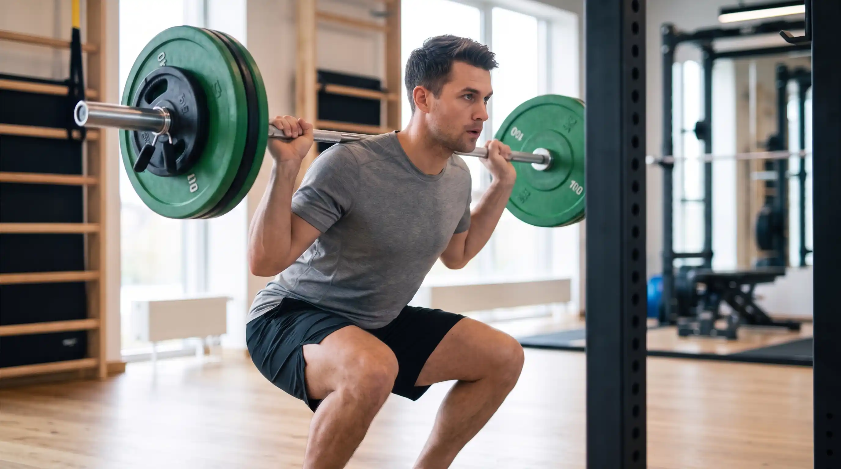 Male athlete performing strength training exercises during HYROX foundation phase, focusing on controlled movement and building fitness basics.