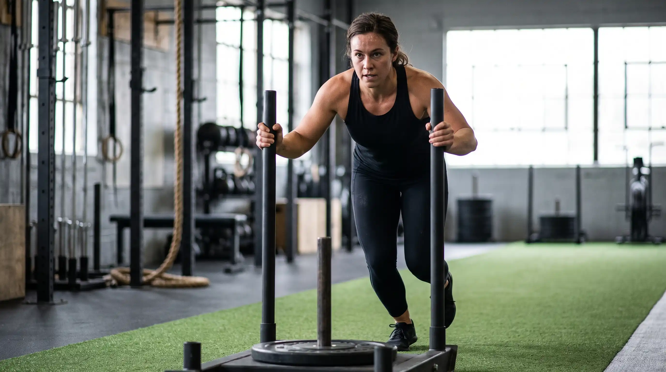 Female athlete pushing a sled during HYROX race-specific training, improving strength endurance and preparing for competition demands.