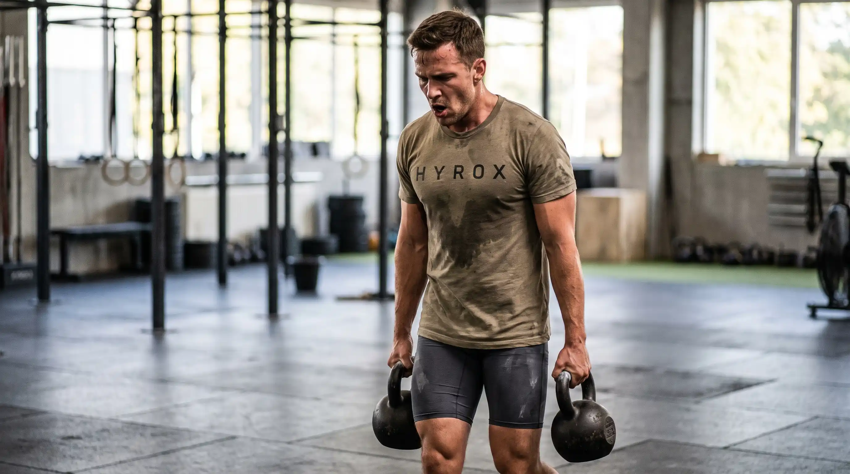 Male athlete completing intense HYROX race simulation training, practicing functional movements under fatigue before competition day.