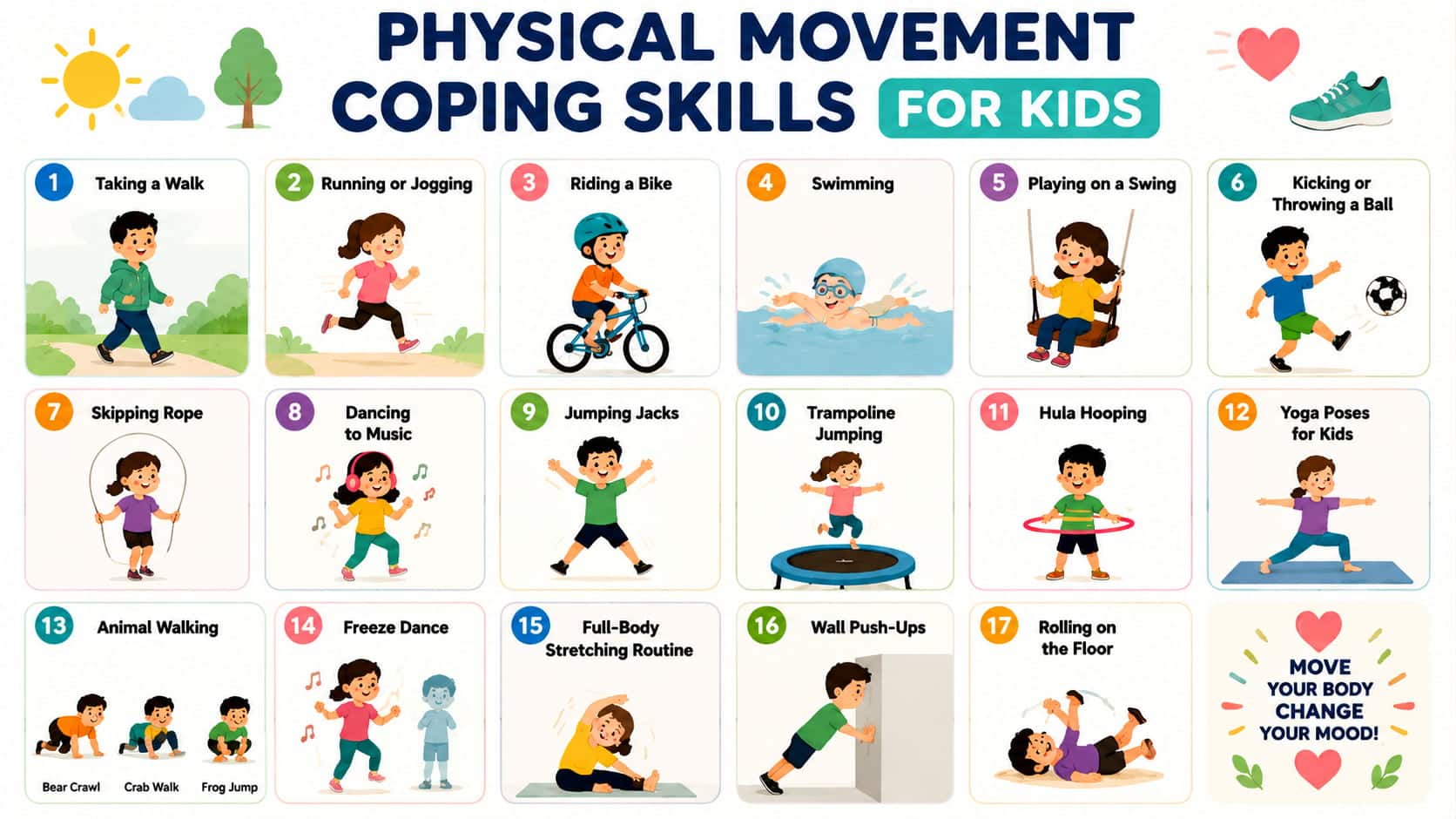Infographic titled 'Physical Movement Coping Skills for Kids' with a grid of 17 illustrated exercise techniques.