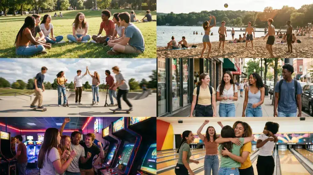 Six-panel collage showing teenagers hanging out at a park, beach, city street, arcade, and a bowling alley.