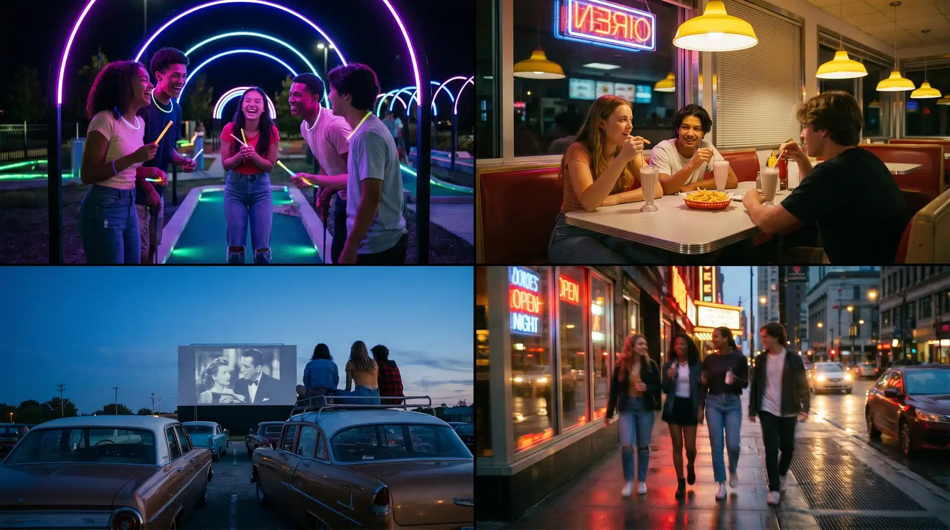 Four-panel collage of teens at night: playing glow mini golf, eating at a diner, watching a drive-in movie, and walking in the city.