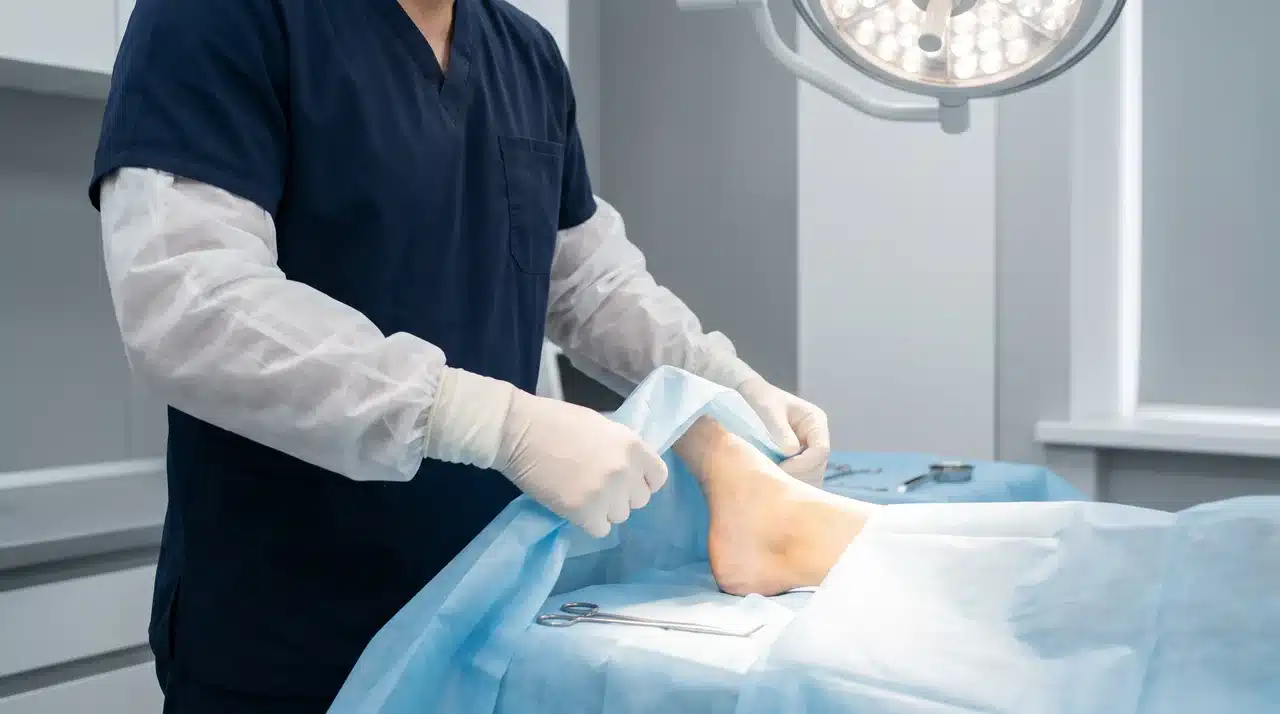 Neck-down view of a podiatrist surgeon in scrubs and gloves inside a modern operating room.