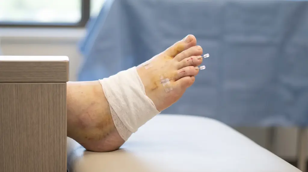 Post hammertoe surgery foot showing pins, mild swelling, and healing incisions in a clinical recovery setting clean medical view.
