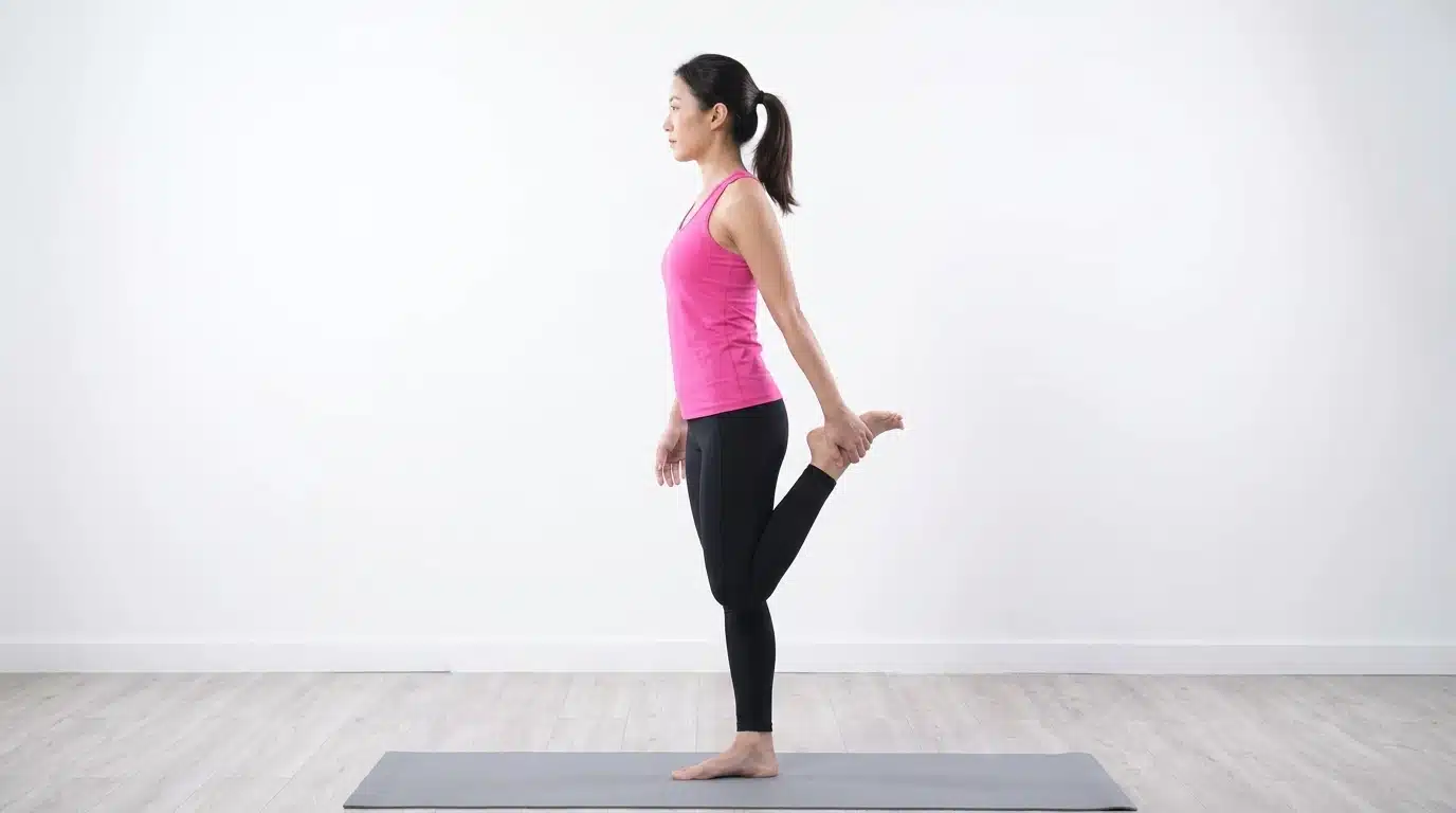 A woman in a pink tank top and black leggings stands on a yoga mat, performing a standing quad stretch by holding her left ankle behind her.