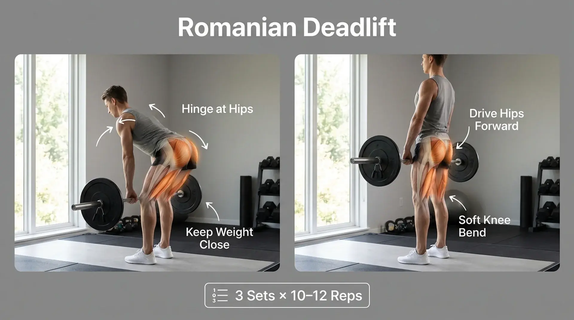 Romanian deadlift infographic showing hip hinge form for upper glute training