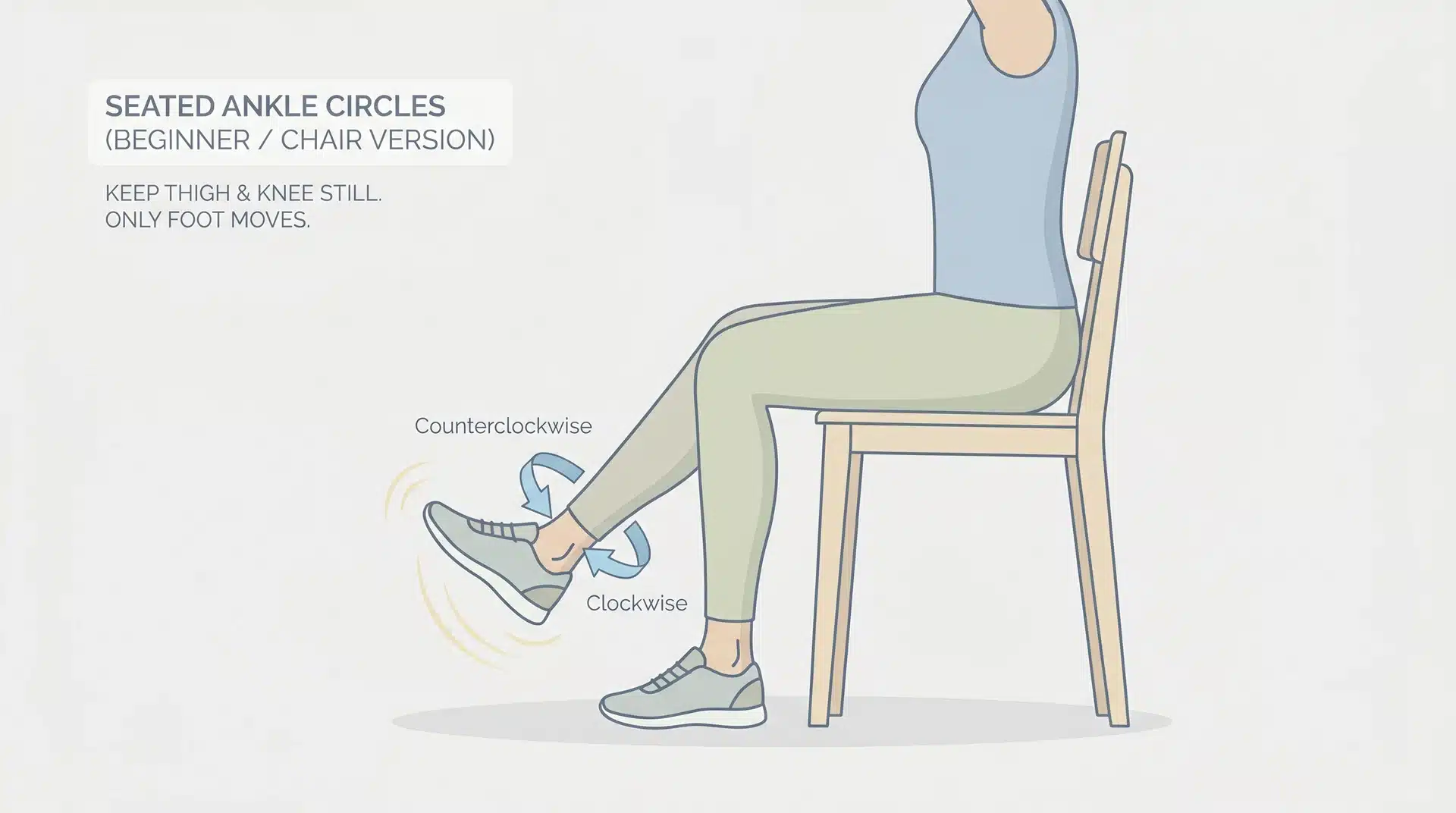 Illustration of a person sitting in a chair performing seated ankle circles, with arrows showing clockwise and counterclockwise movement.