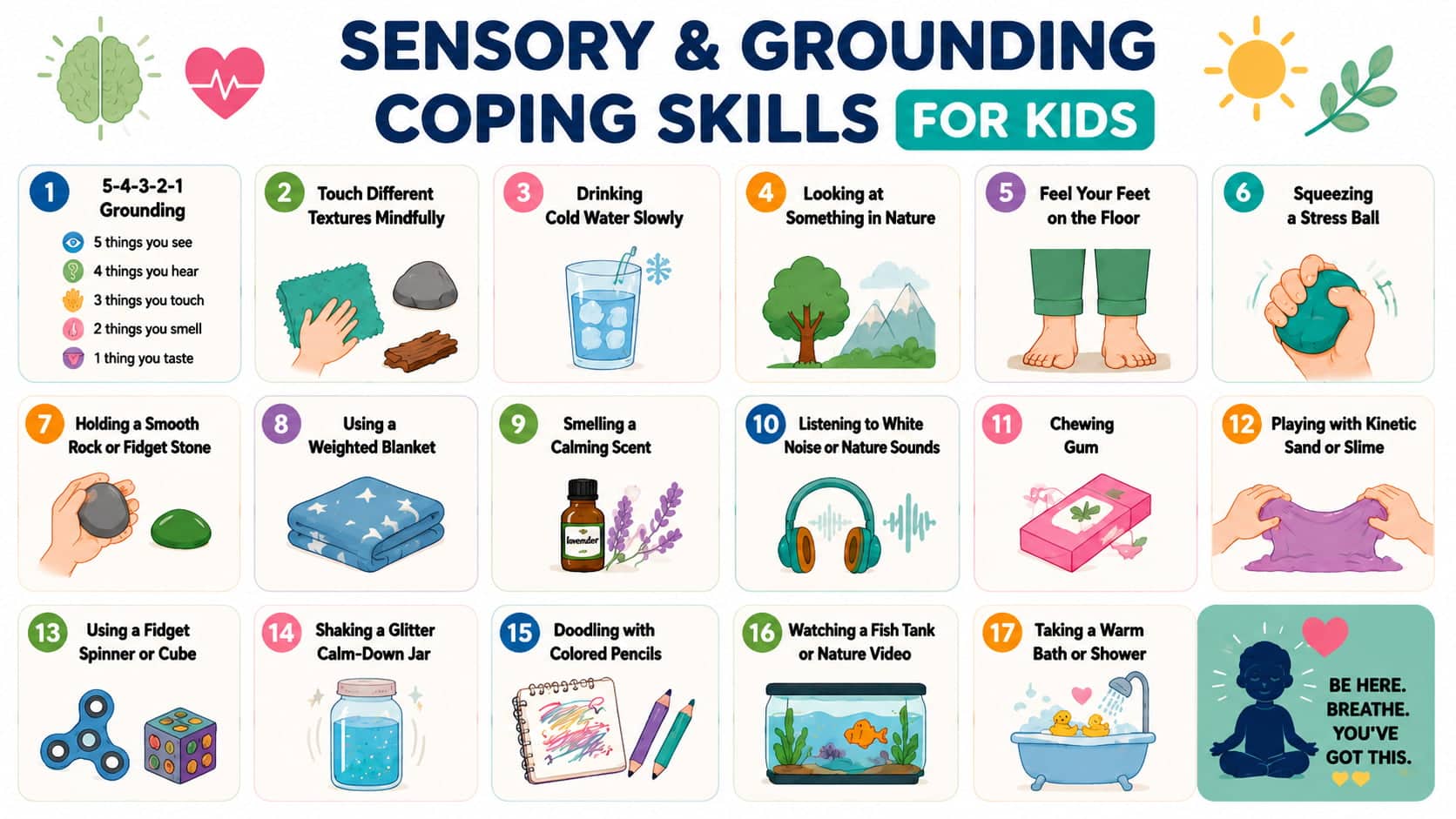 Infographic titled 'Sensory & Grounding Coping Skills for Kids' with a grid of 17 illustrated mindfulness techniques.