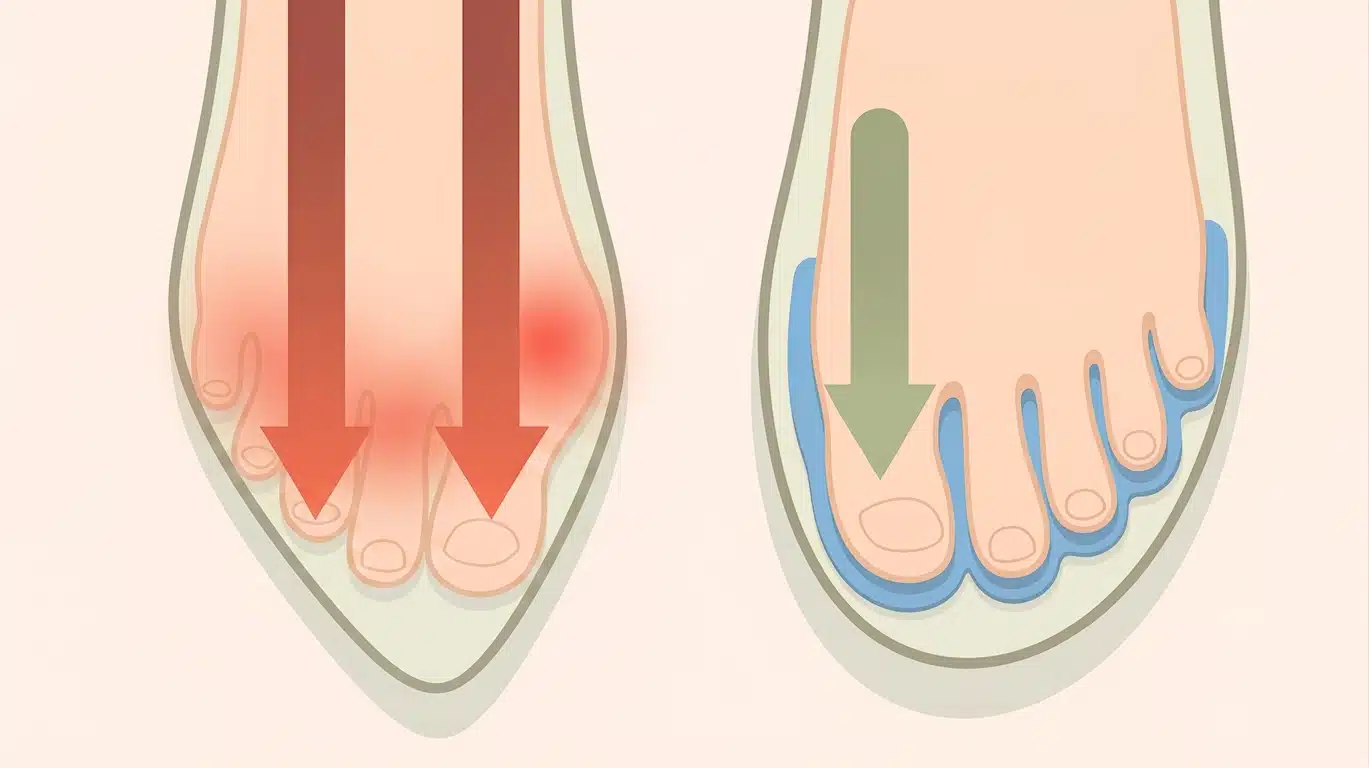 Wide toe box shoes reduce pressure while tight shoes compress toes causing discomfort and rubbing in foot infographic.