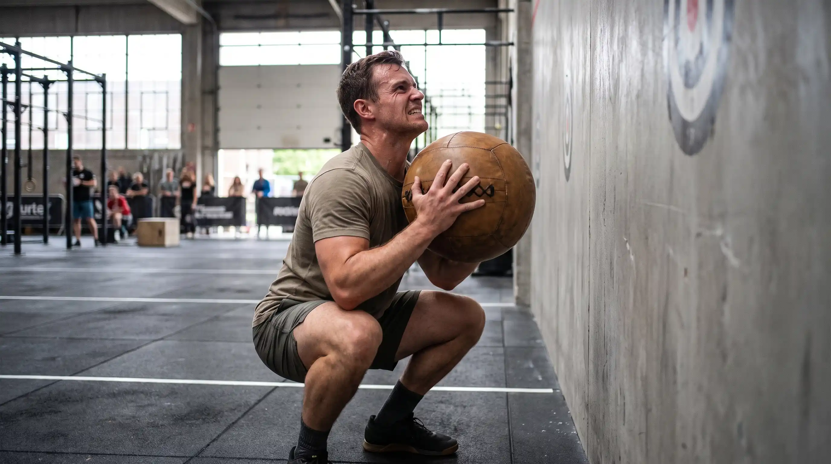 Male athlete performing a kettlebell farmer’s carry during HYROX training, building grip strength, core stability, and endurance.
