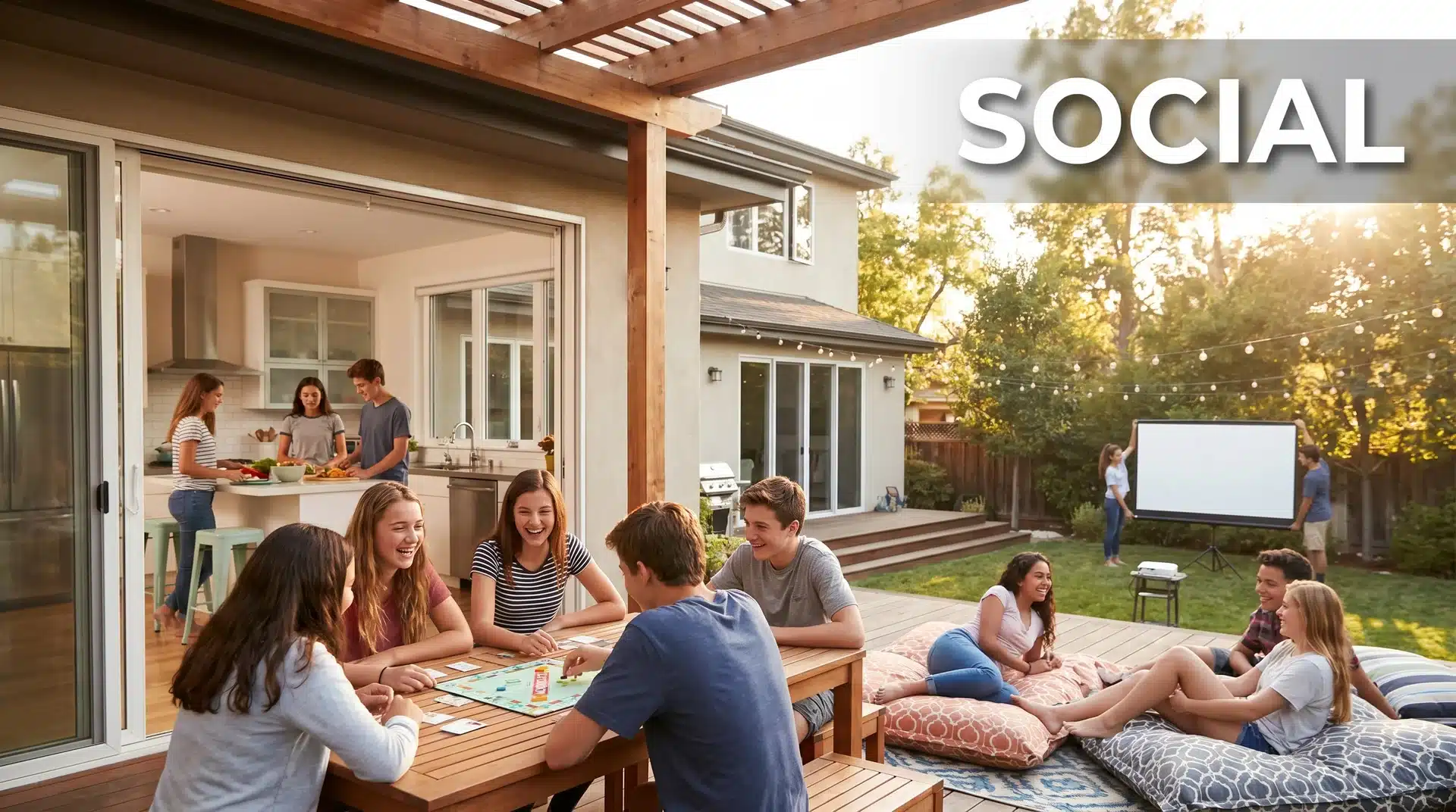 A group of teenagers hanging out in a backyard patio, playing board games and relaxing together on a sunny afternoon.