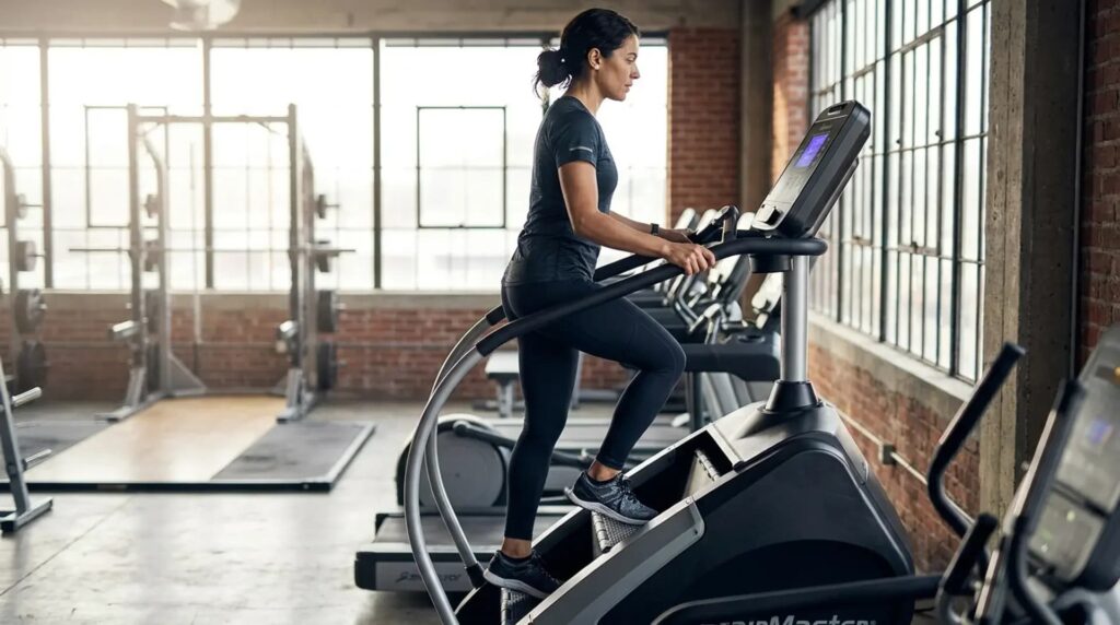 Athletic person doing a StairMaster workout in a modern gym for fitness training.