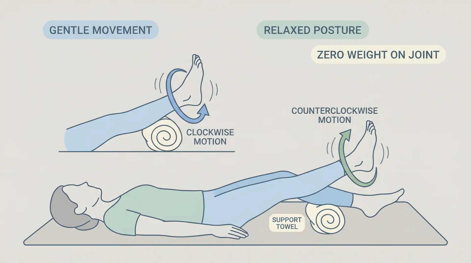 Illustration of a person lying down doing ankle circles with a leg on a rolled towel, showing clockwise and counterclockwise arrows.