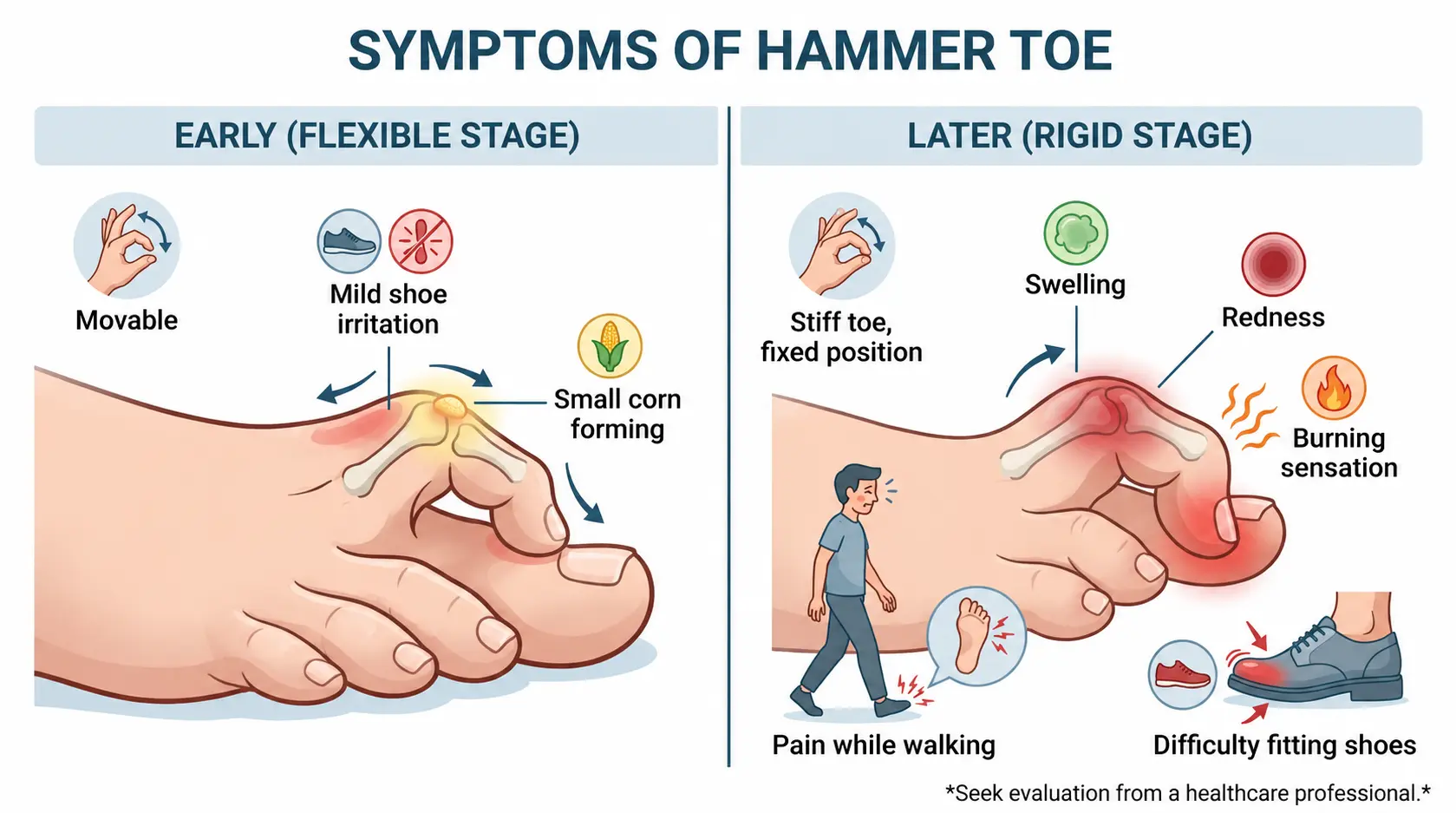 Infographic showing Hammer toe symptoms showing flexible curled toe early stage and rigid painful swollen toe later stage.