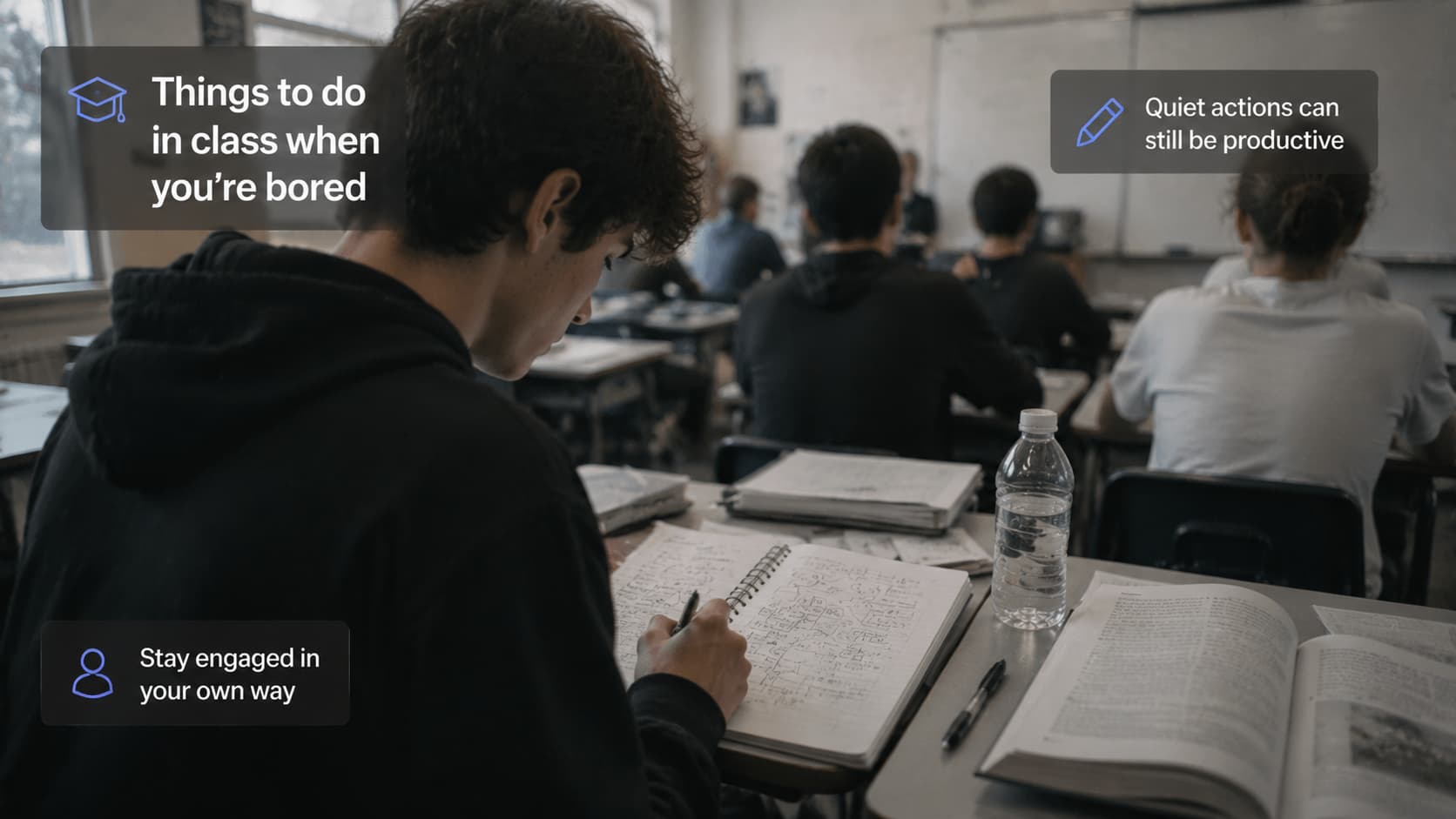 A student seen from behind sitting at a desk in a classroom, with text overlays sharing ideas for when you are bored in class.