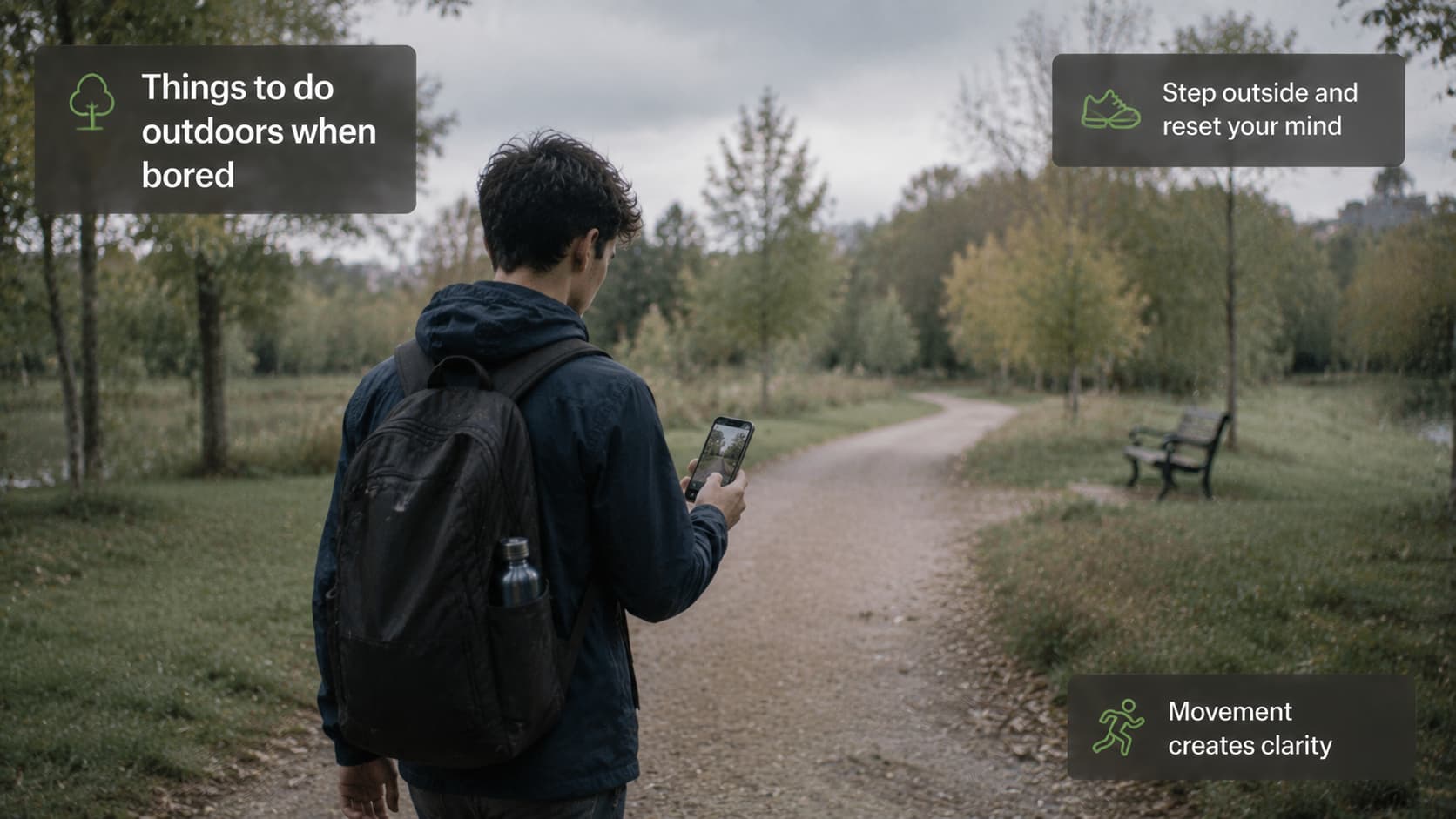 A young man with a backpack walking down a dirt path in a wooded park. Text overlays suggest outdoor ideas for when you are bored.
